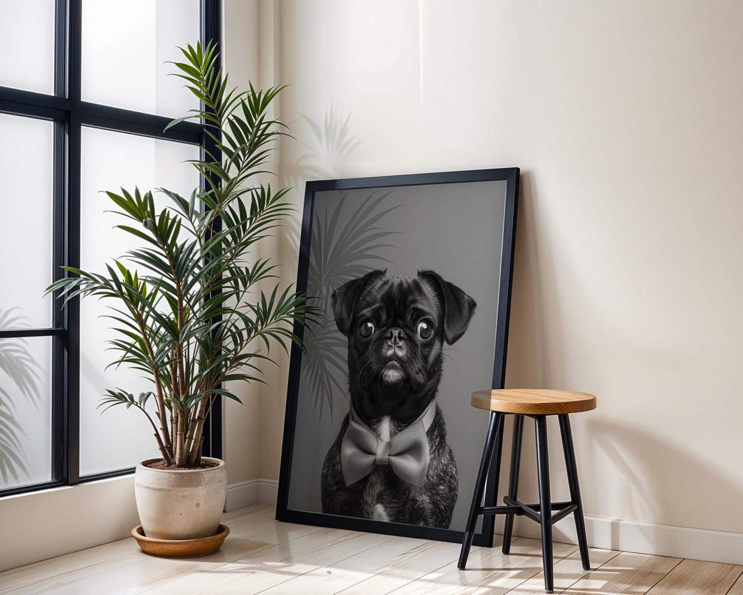 Dog Photography Black Pug Portrait Print | Pet with Bow Tie | Modern Poster wall art print, minimalist black and white poster, modern Scandinavian wall decor, Monohaus