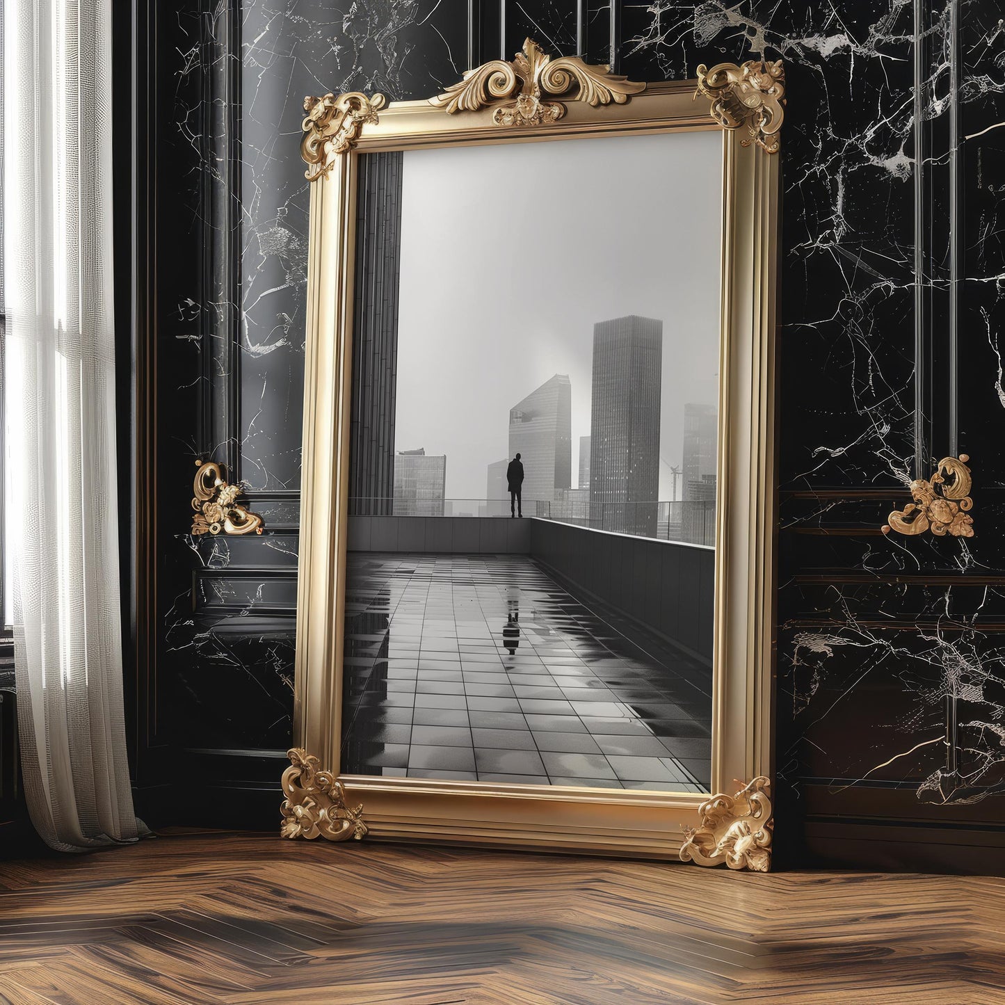 Urban Photography | Cityscape Photography Print | Modern Noir, Rooftop Man wall art print, black and white architectural poster, minimalist modern Scandinavian wall decor, Monohaus