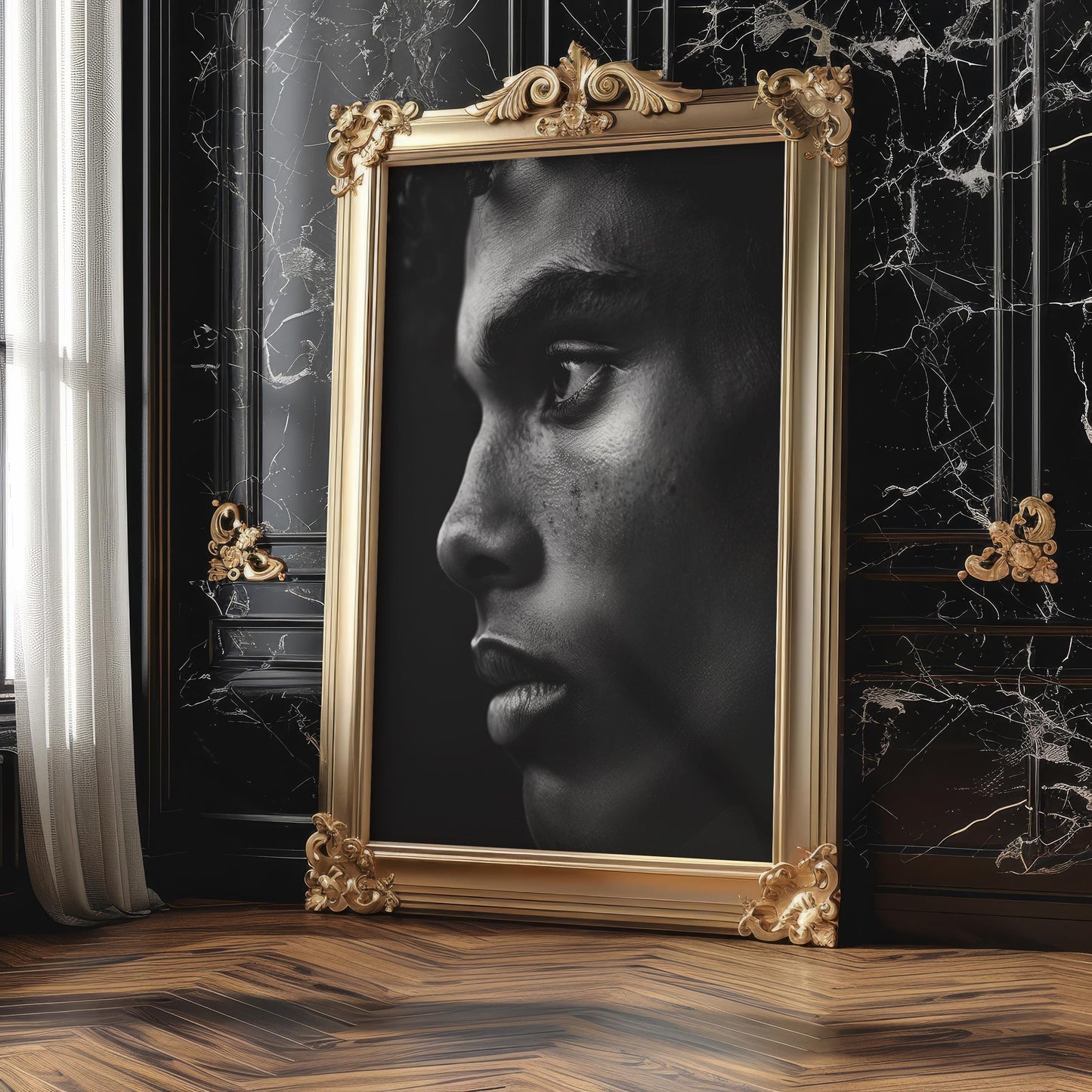 Minimal Wall Art Intense Male Portrait Print | Moody Black and White Close Up wall art print, minimalist black and white poster, modern Scandinavian wall decor, Monohaus