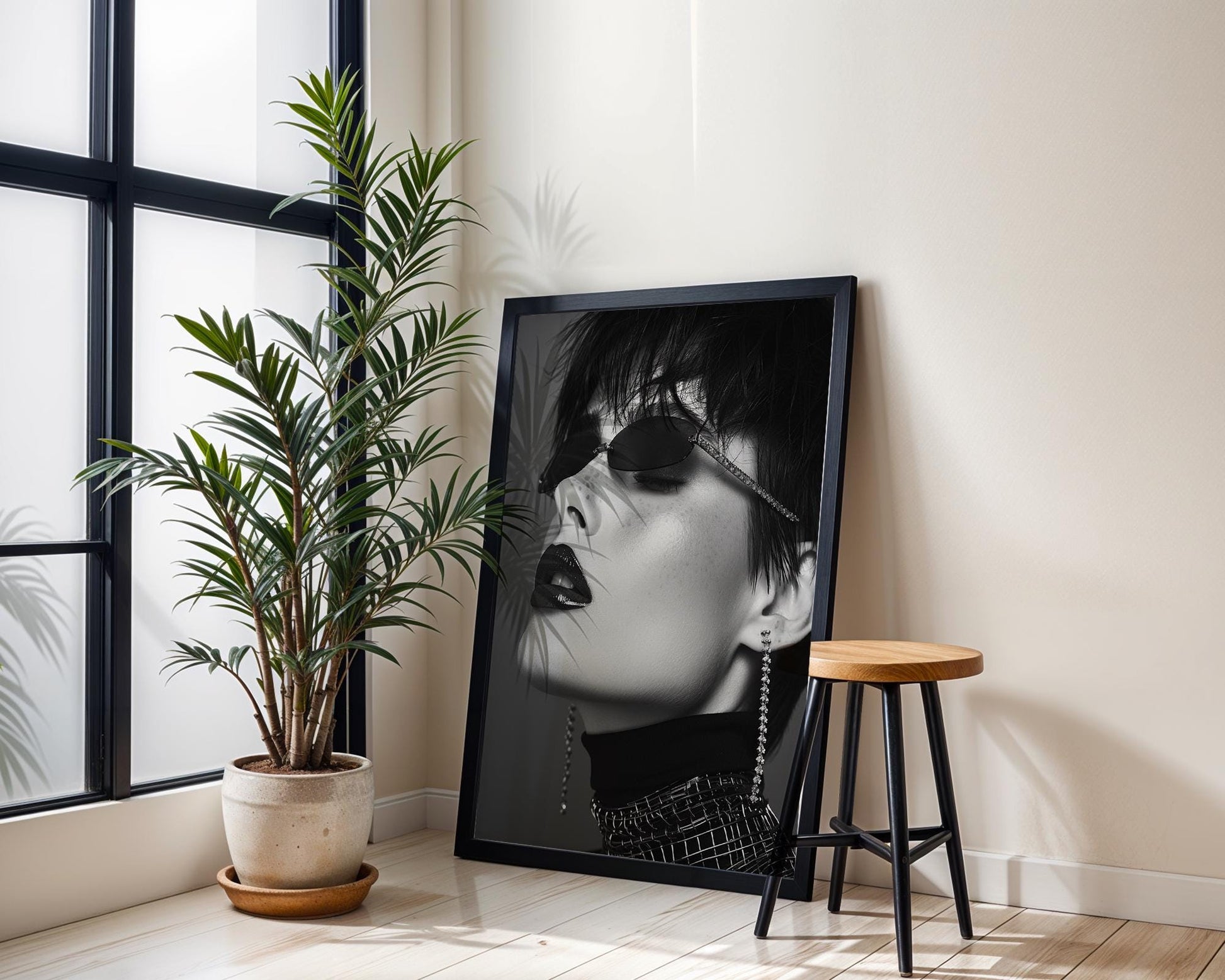 Minimal Wall Art Woman Portrait Print | Glossy Lips, Futuristic Shades Art wall art print, minimalist black and white poster, modern Scandinavian wall decor, Monohaus