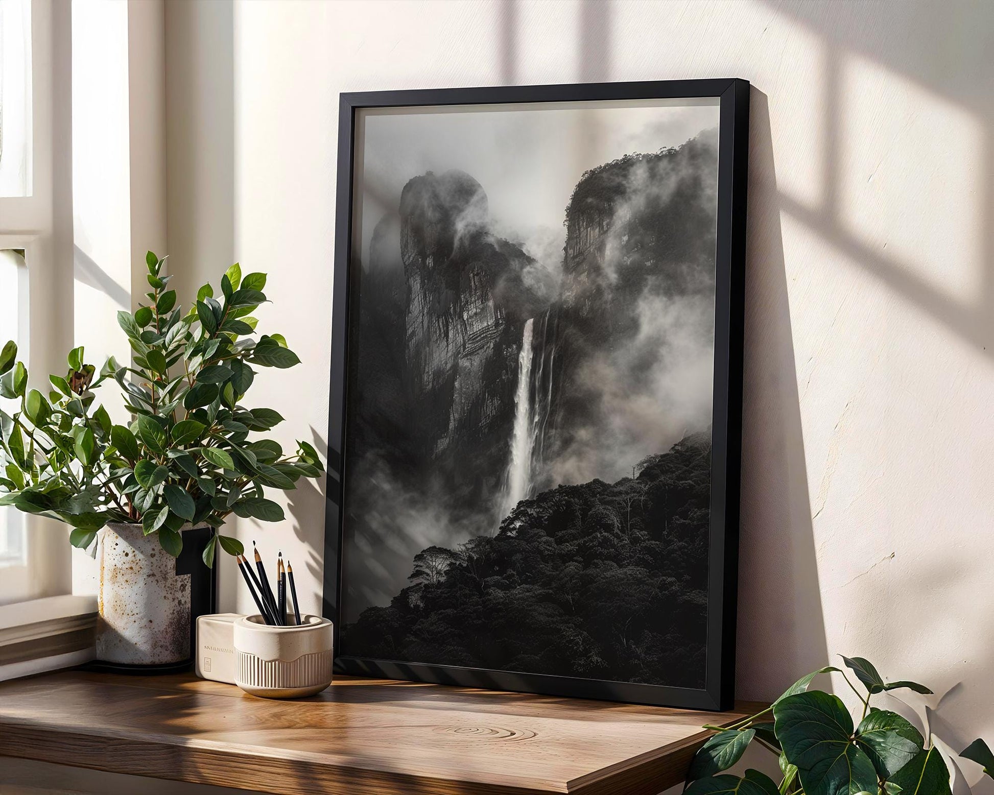 World Landmark | Andes Waterfall Photography Print | Black and White Minimalist Wall Art wall art print, minimalist black and white poster, modern Scandinavian wall decor, Monohaus