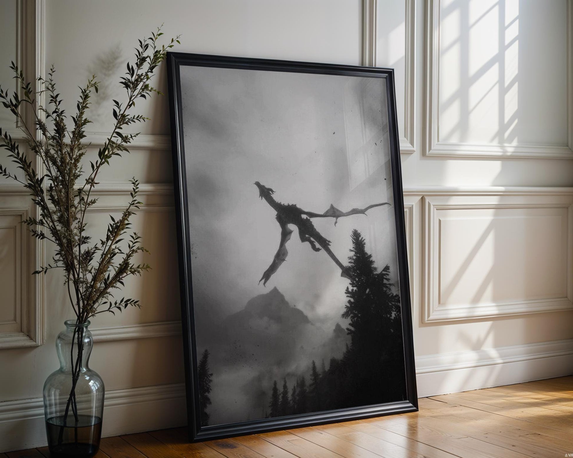 Designer Wall Art | Dragon Flying Print | Black & White Mountain Landscape Art wall art print, minimalist black and white poster, modern Scandinavian wall decor, Monohaus