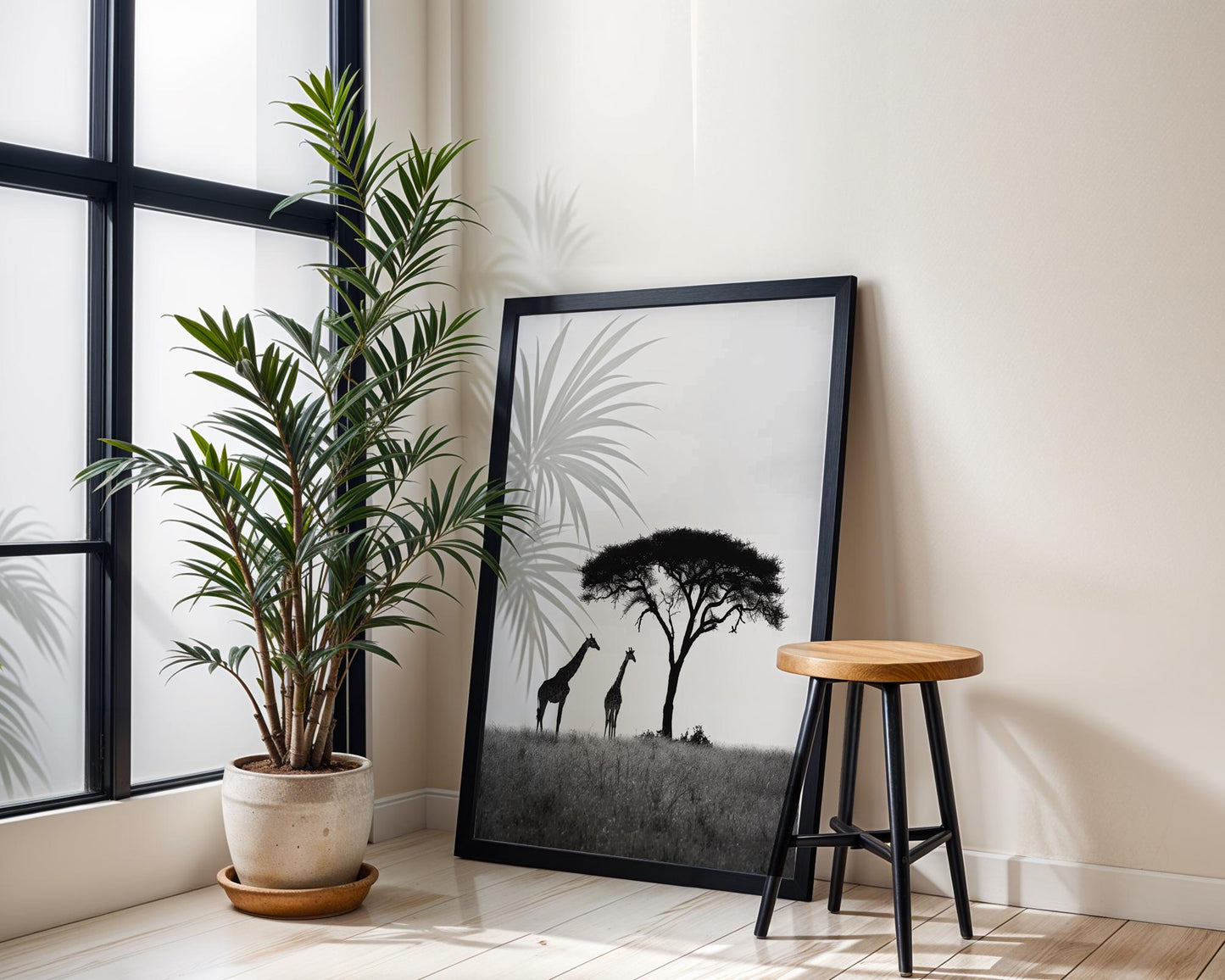 Wildlife Poster | Giraffe & Acacia Tree Print • Black and White Safari Photography wall art print, minimalist black and white poster, modern Scandinavian wall decor, Monohaus