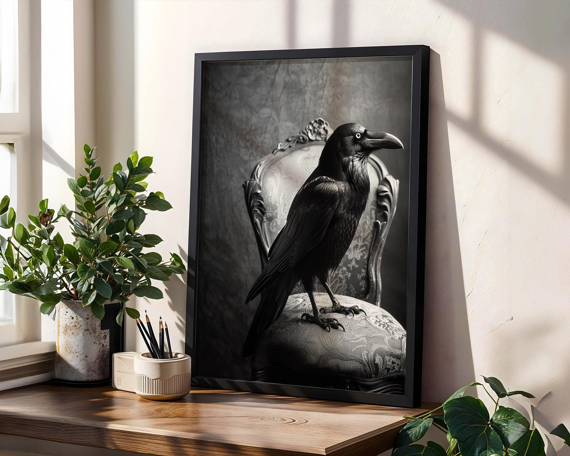 Designer Wall Art | Raven Portrait Art Print | Gothic Dark Academia, Black and White wall art print, minimalist black and white poster, modern Scandinavian wall decor, Monohaus