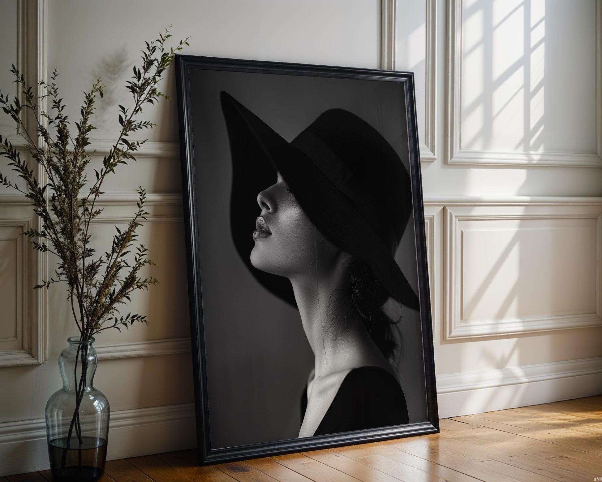 Minimal Wall Art Glamorous Woman in Hat Print | Chic Minimalist Fashion Poster wall art print, minimalist black and white poster, modern Scandinavian wall decor, Monohaus