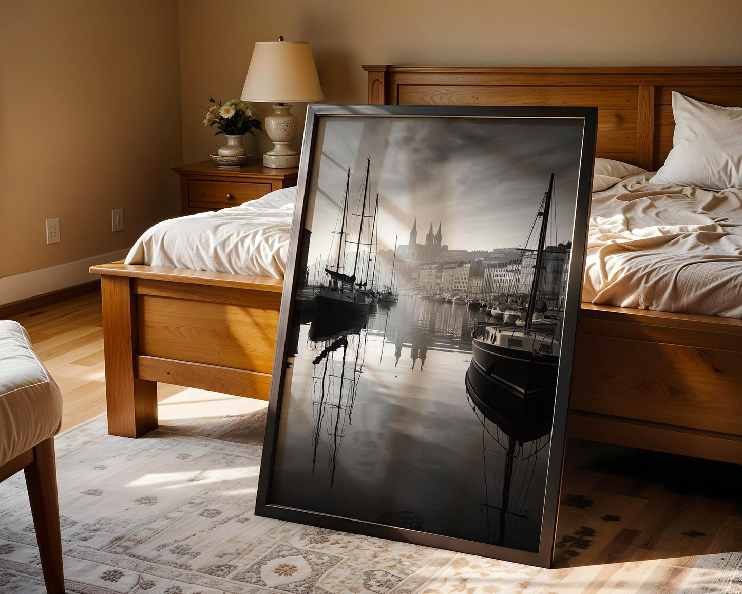 World Landmark | Marseille Old Port Print | Black and White France Photography wall art print, minimalist black and white poster, modern Scandinavian wall decor, Monohaus