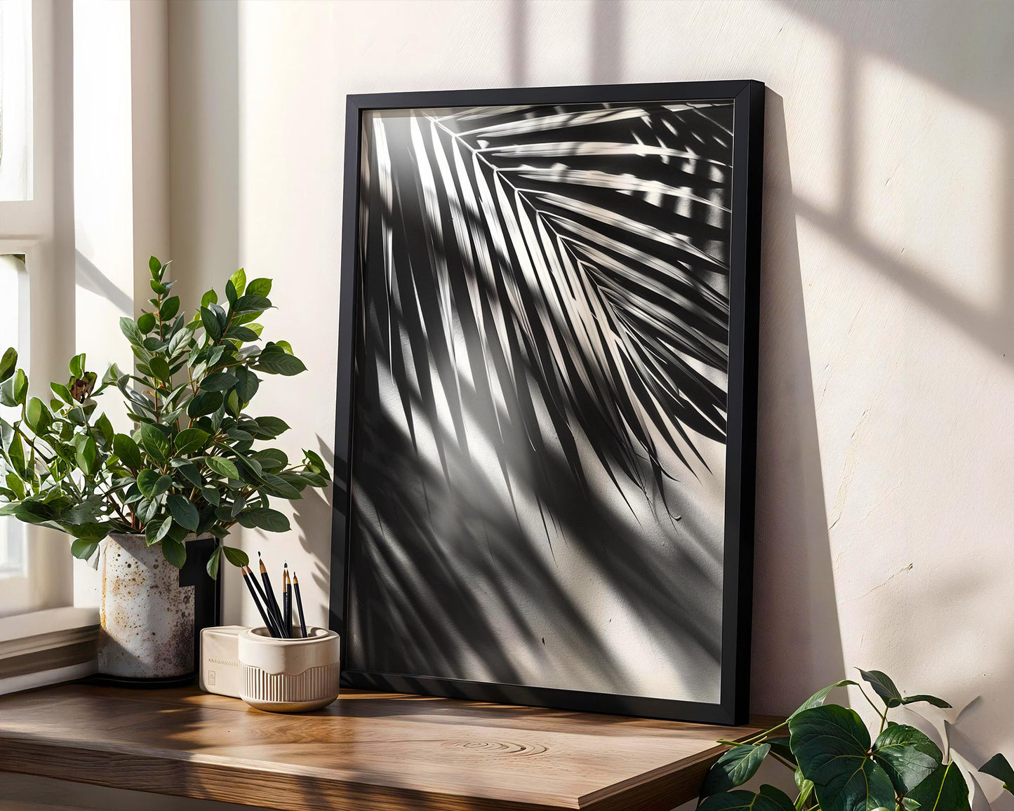 Botanical Photo | Palm Shadows on Wall | Black and White Abstract Photography abstract wall art print, geometric minimalist poster, modern Scandinavian decor, Monohaus