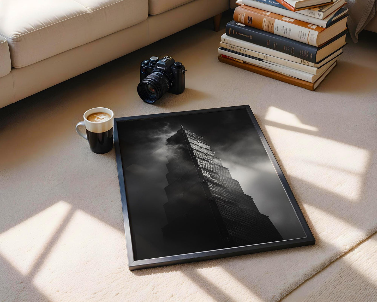 World Landmark | Taipei 101 Print | Foggy Taiwan Tower Black and White Photography wall art print, black and white architectural poster, minimalist modern Scandinavian wall decor, Monohaus