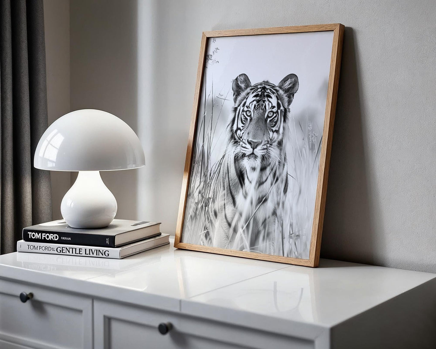 Wildlife Poster | Tiger in Tall Grass Fine Art Print • Minimalist Black & White Photography wall art print, minimalist black and white poster, modern Scandinavian wall decor, Monohaus