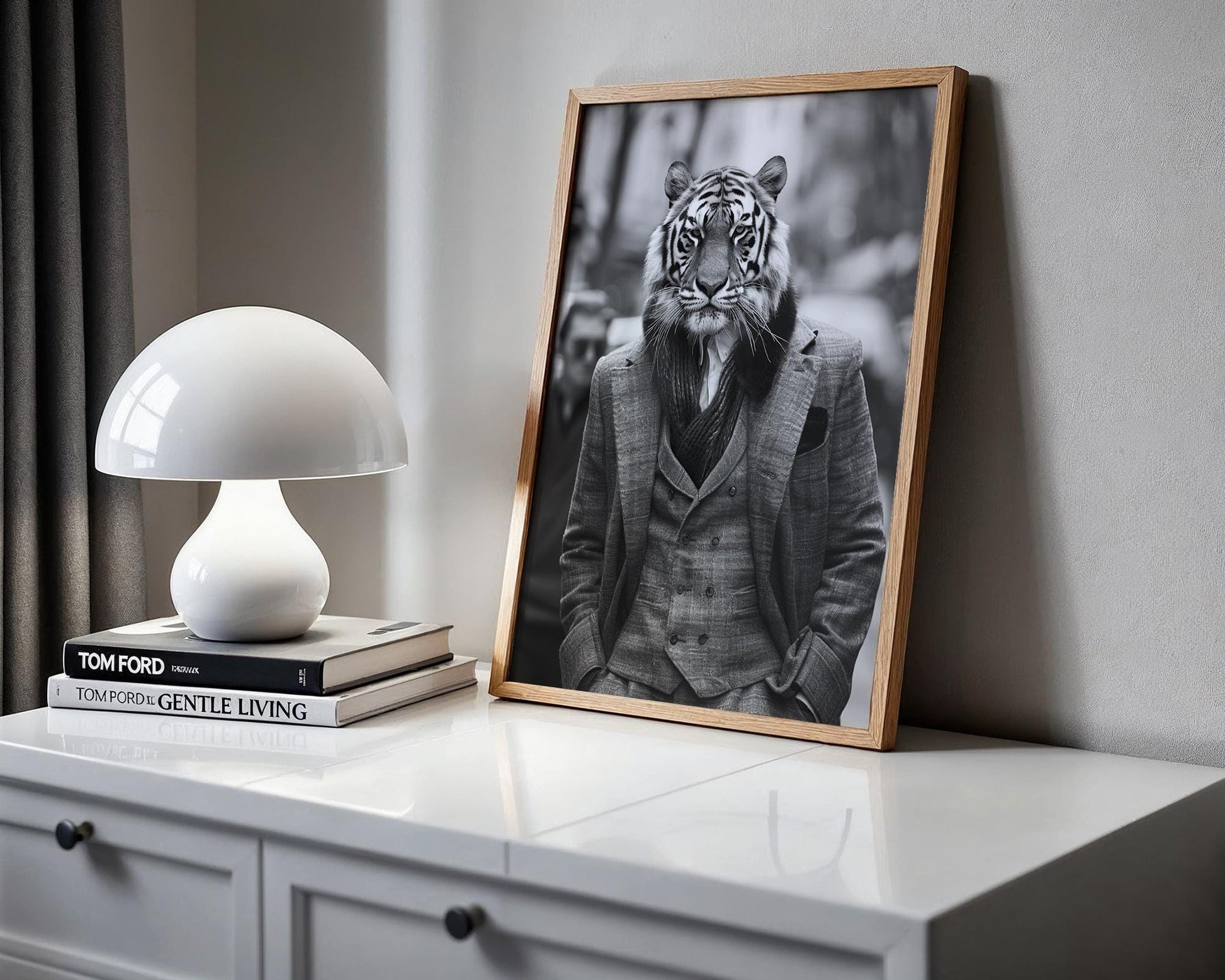 Designer Wall Art | Tiger Portrait in Formal Wear | Black and White Animal Print wall art print, minimalist black and white poster, modern Scandinavian wall decor, Monohaus