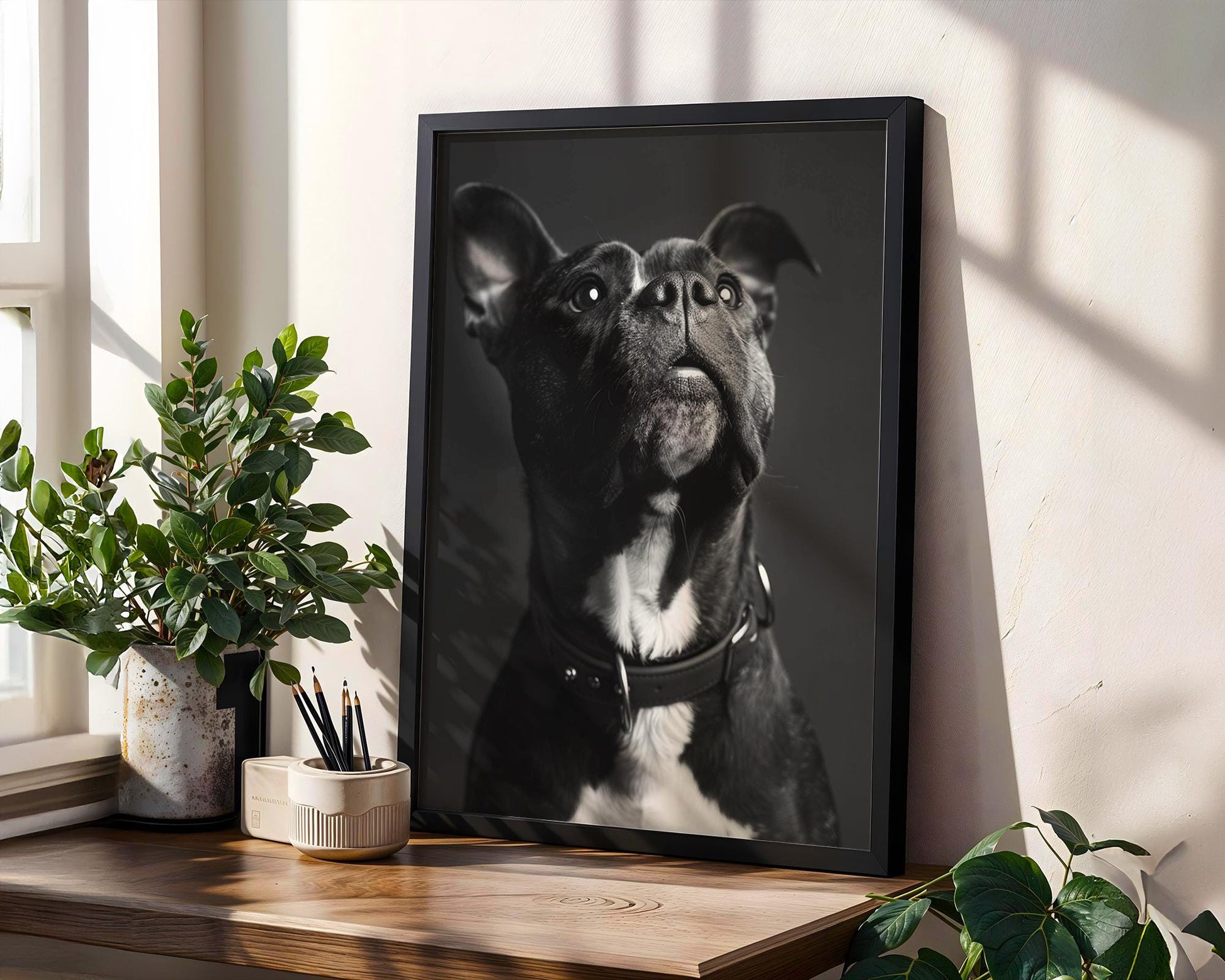 Dog Photography Pit Bull Puppy Photo Print | Whimsical Pet Poster, Modern Farmhouse Art wall art print, minimalist black and white poster, modern Scandinavian wall decor, Monohaus