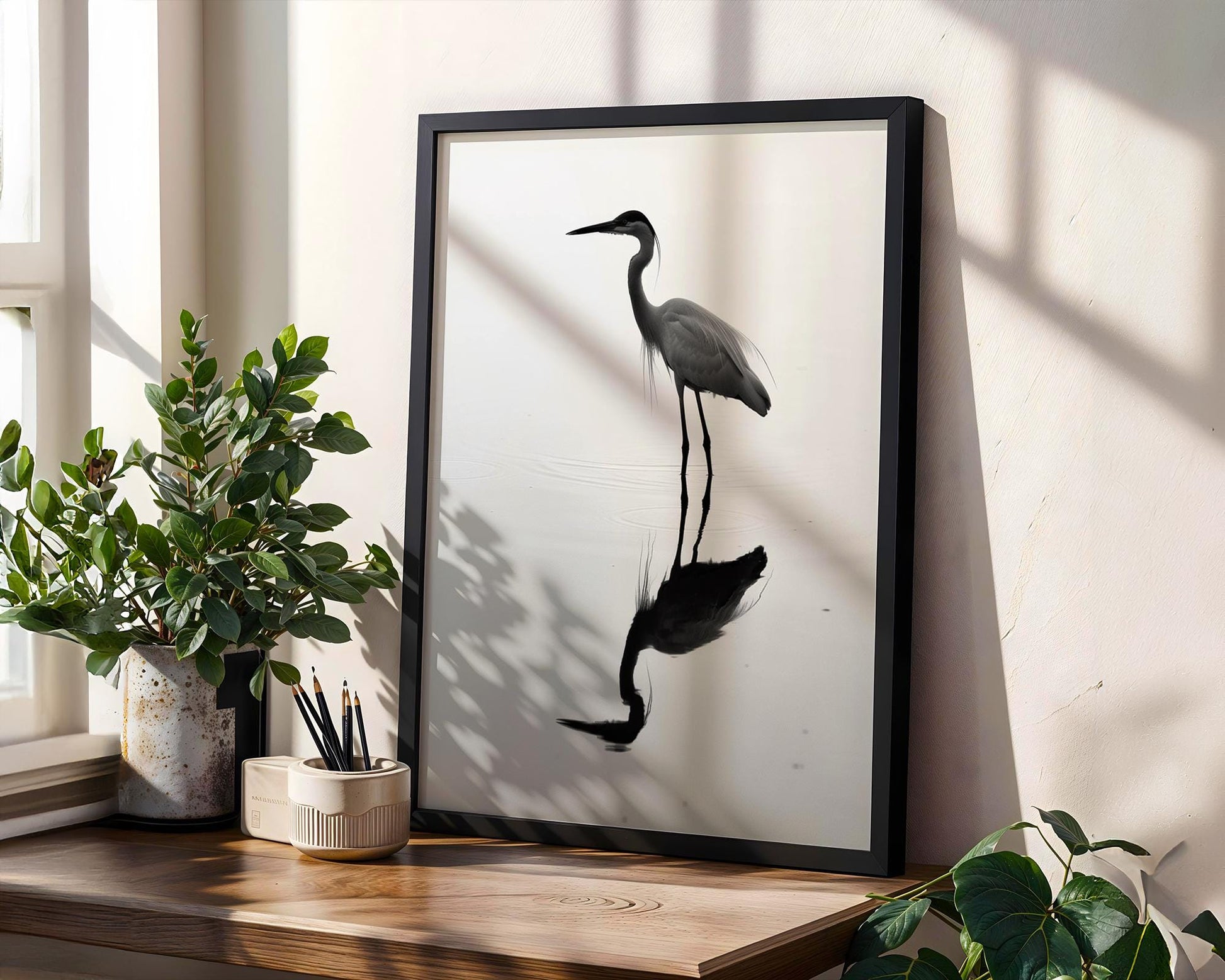 Wildlife Poster | Heron in Water Photography Print | Minimalist Bird Wall Art wall art print, minimalist black and white poster, modern Scandinavian wall decor, Monohaus
