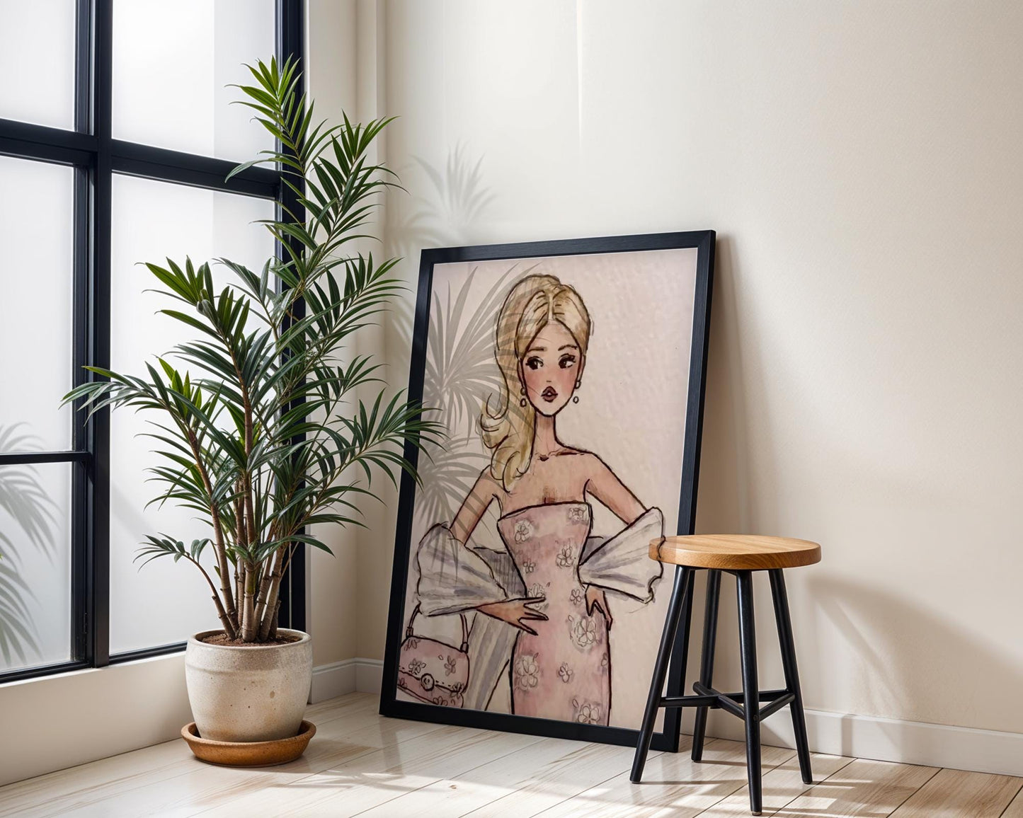 Designer Wall Art | Blonde Fashion Girl Print | Retro Pink Dress wall art print, minimalist black and white poster, modern Scandinavian wall decor, Monohaus