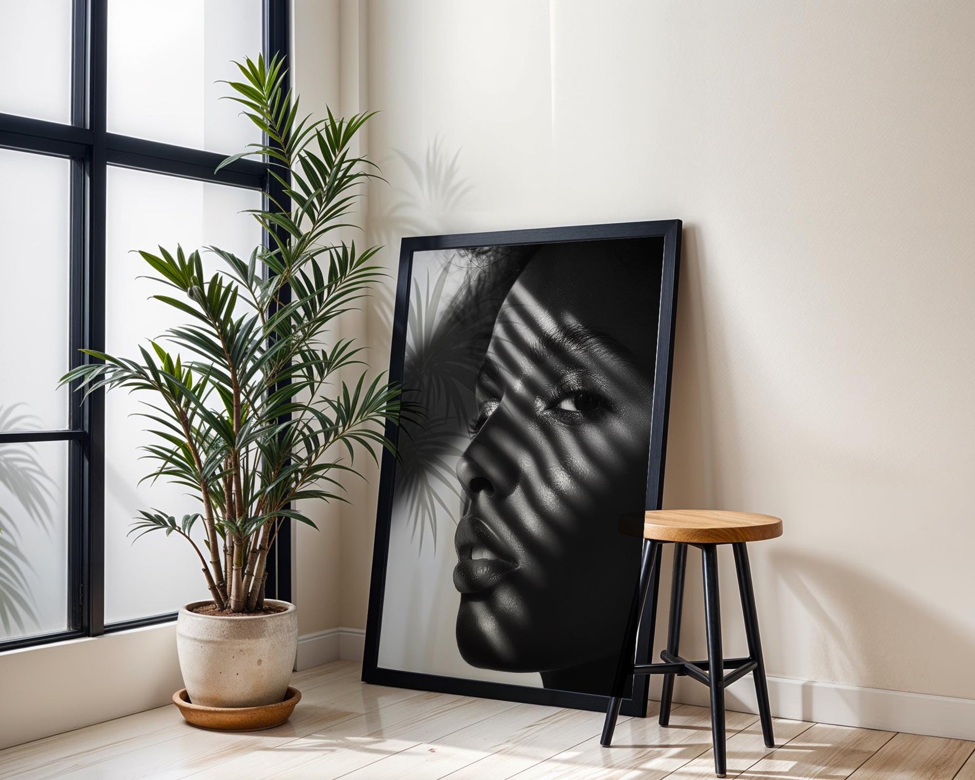 Minimal Wall Art | Black and White Minimalist Photography | Woman in Light & Shadow wall art print, minimalist black and white poster, modern Scandinavian wall decor, Monohaus