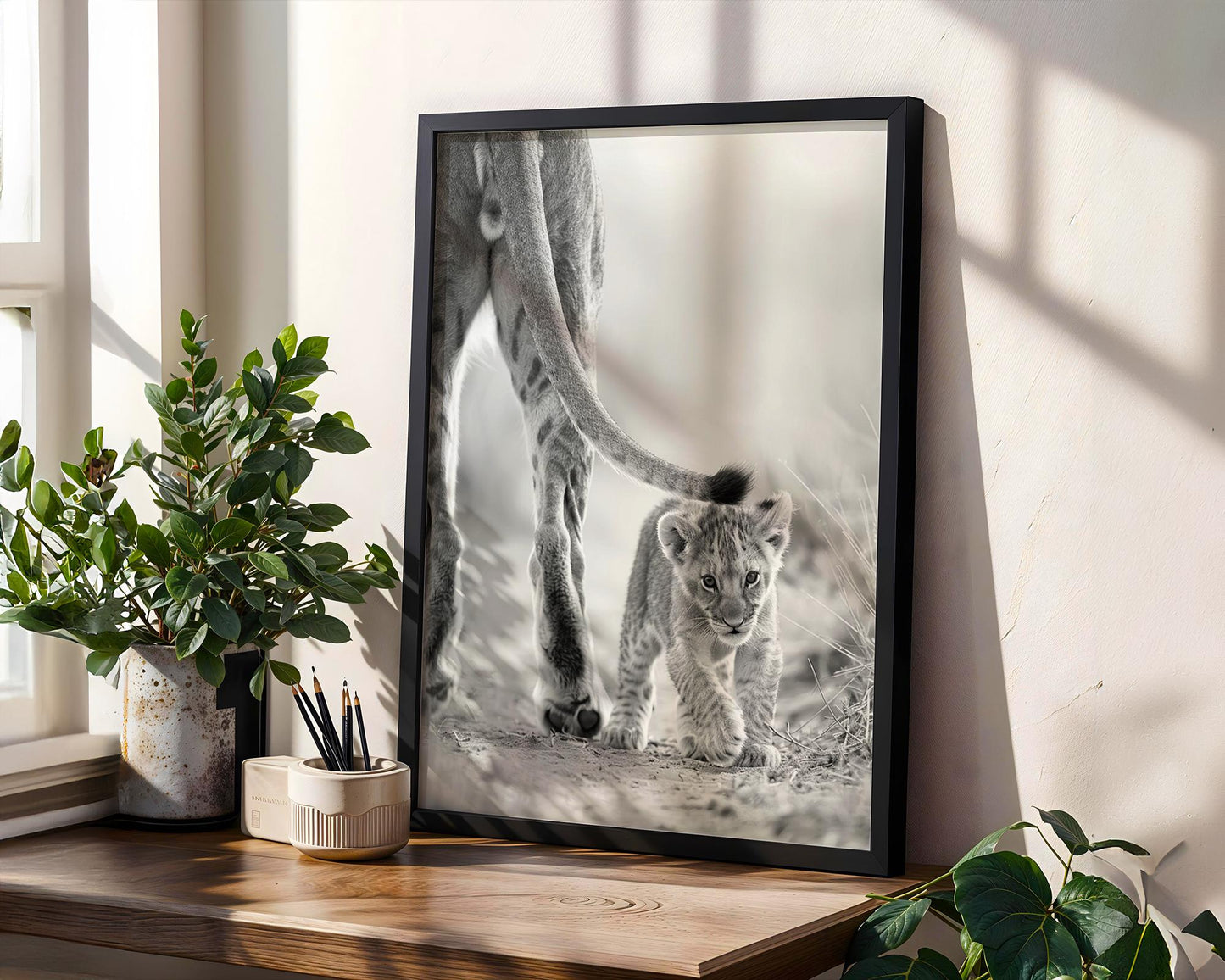 Wildlife Poster | Lion Cub and Mother Print | Minimalist Black & White Photography wall art print, minimalist black and white poster, modern Scandinavian wall decor, Monohaus