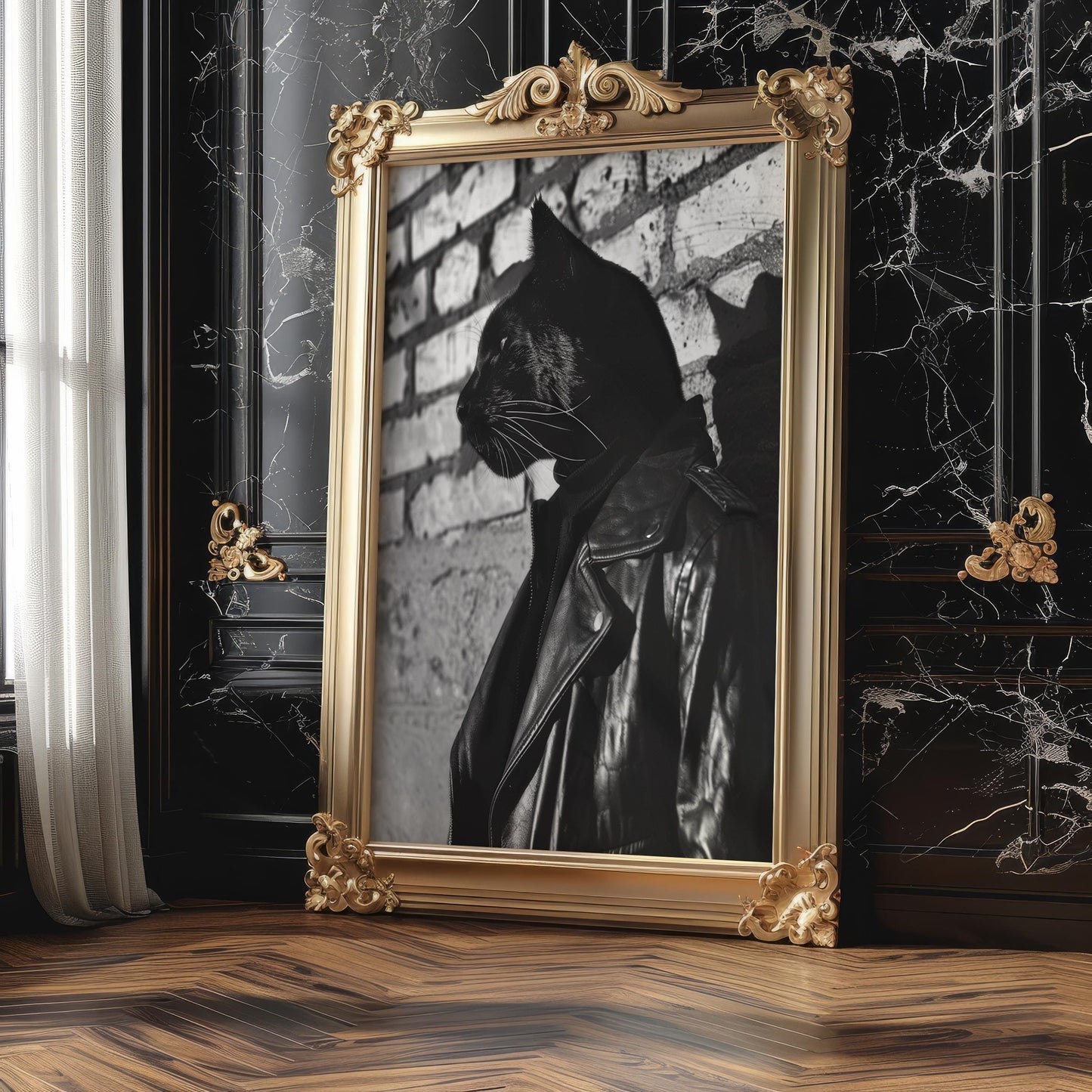 Dog Photography Black Panther Leather Jacket Print | Bold Animal Portrait, Urban Decor black and white photo print, minimalist monochrome wall art poster for modern interiors, Monohaus