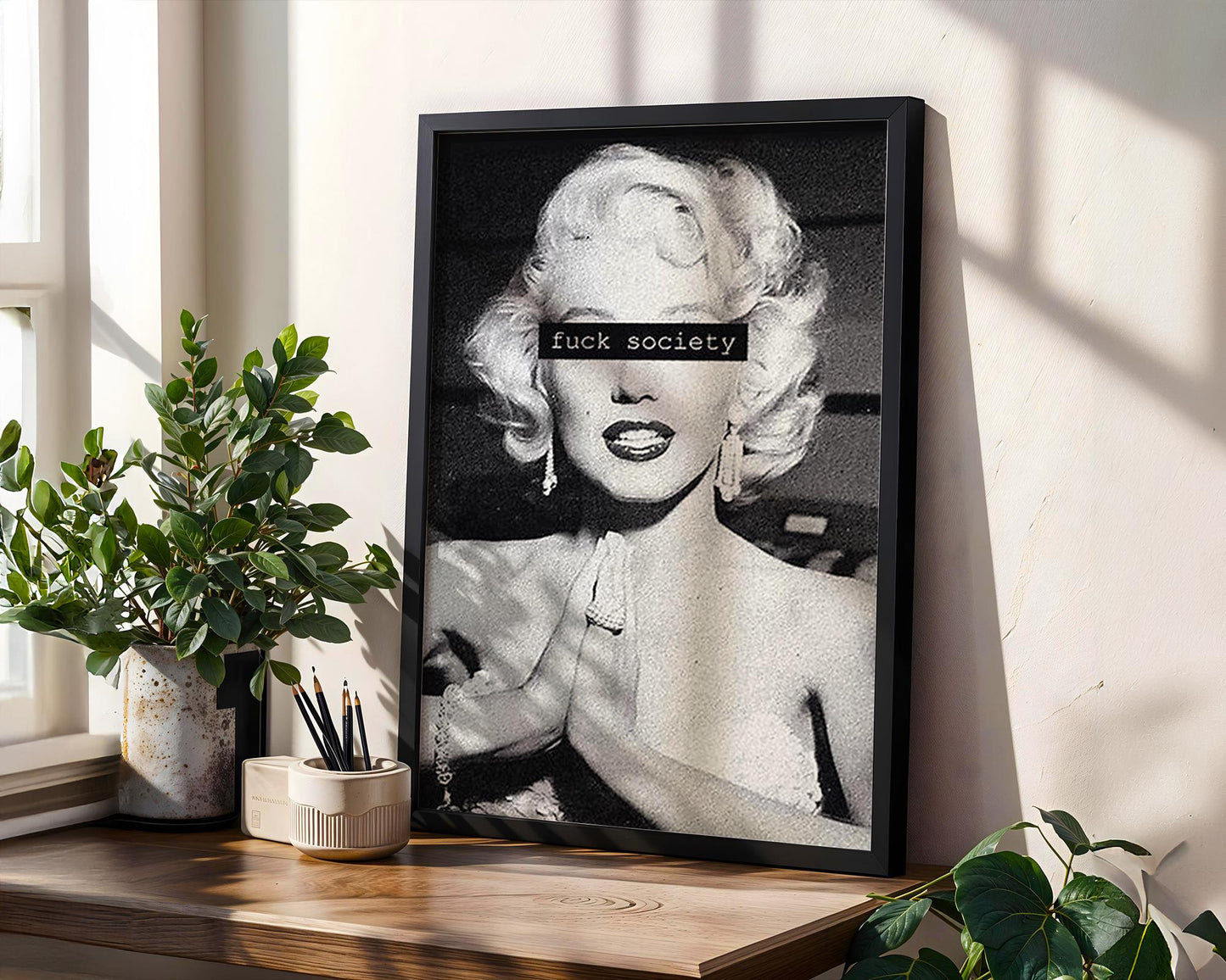 Designer Wall Art | Monochrome Monroe Portrait Print | Bold Censored Text, Pop Art Poster wall art print, minimalist black and white poster, modern Scandinavian wall decor, Monohaus