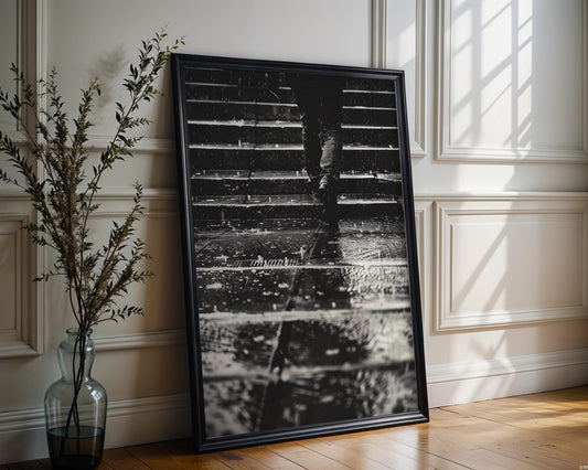 Urban Photography | Moody Rain Print | Atmospheric Street Scene Noir Film Vibe black and white photo print, minimalist monochrome wall art poster for modern interiors, Monohaus