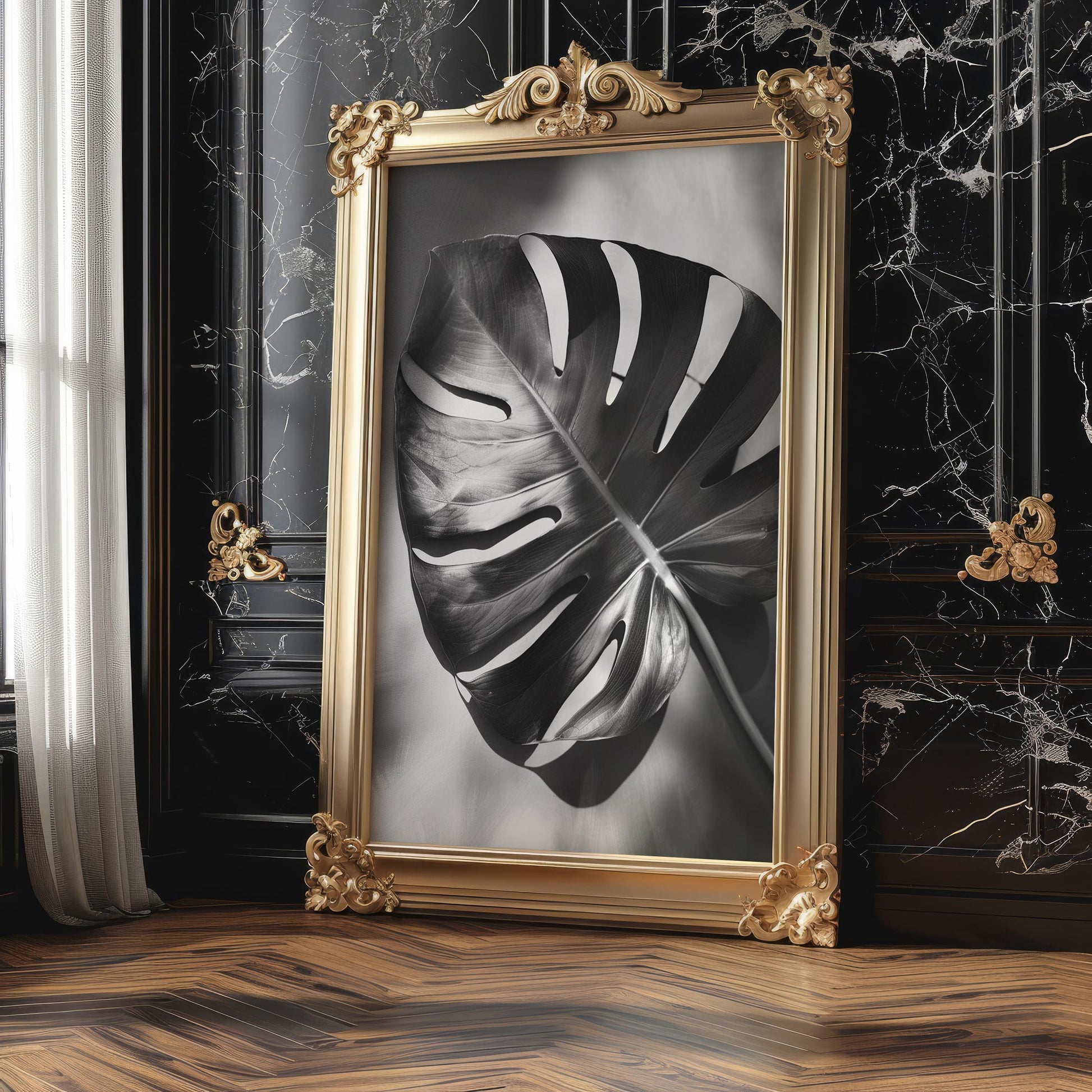 Botanical Photo | Dark Monstera Leaf Print | Moody Black and White Tropical Foliage wall art print, minimalist black and white poster, modern Scandinavian wall decor, Monohaus