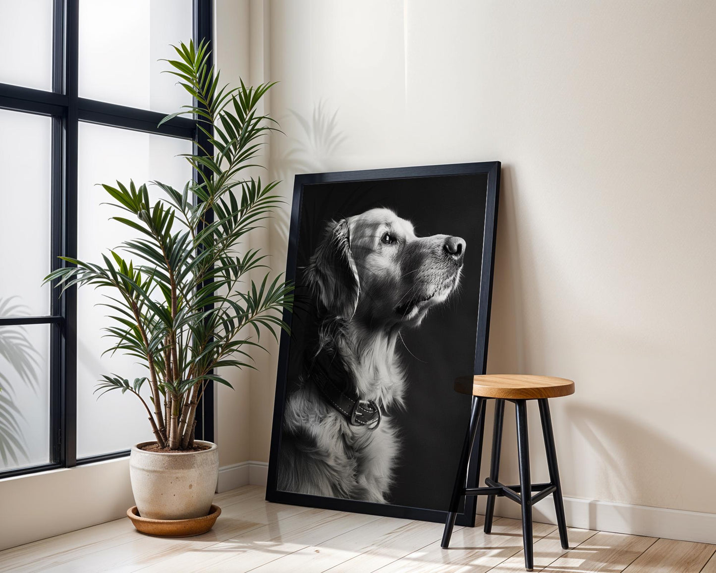 Dog Photography Golden Retriever Print | Luminous Pet Portrait, Scandi Home Decor wall art print, minimalist black and white poster, modern Scandinavian wall decor, Monohaus