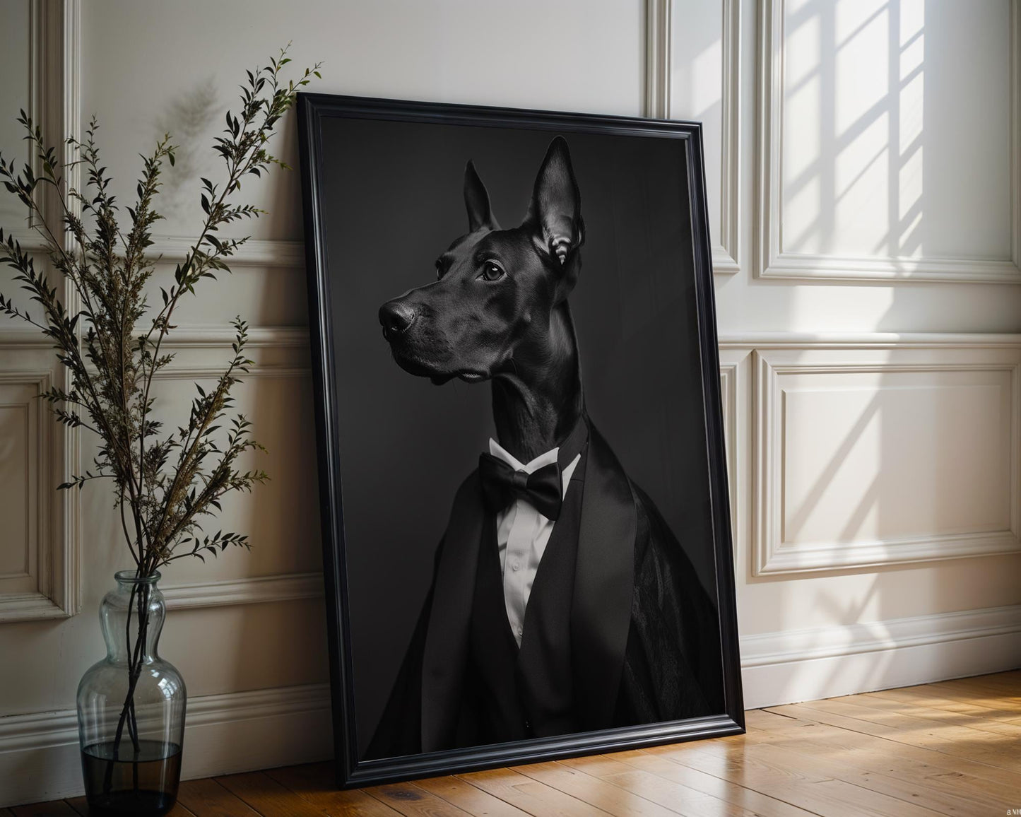 Dog Photography Doberman in Tuxedo Art Print | Formal Pet Portrait wall art print, minimalist black and white poster, modern Scandinavian wall decor, Monohaus