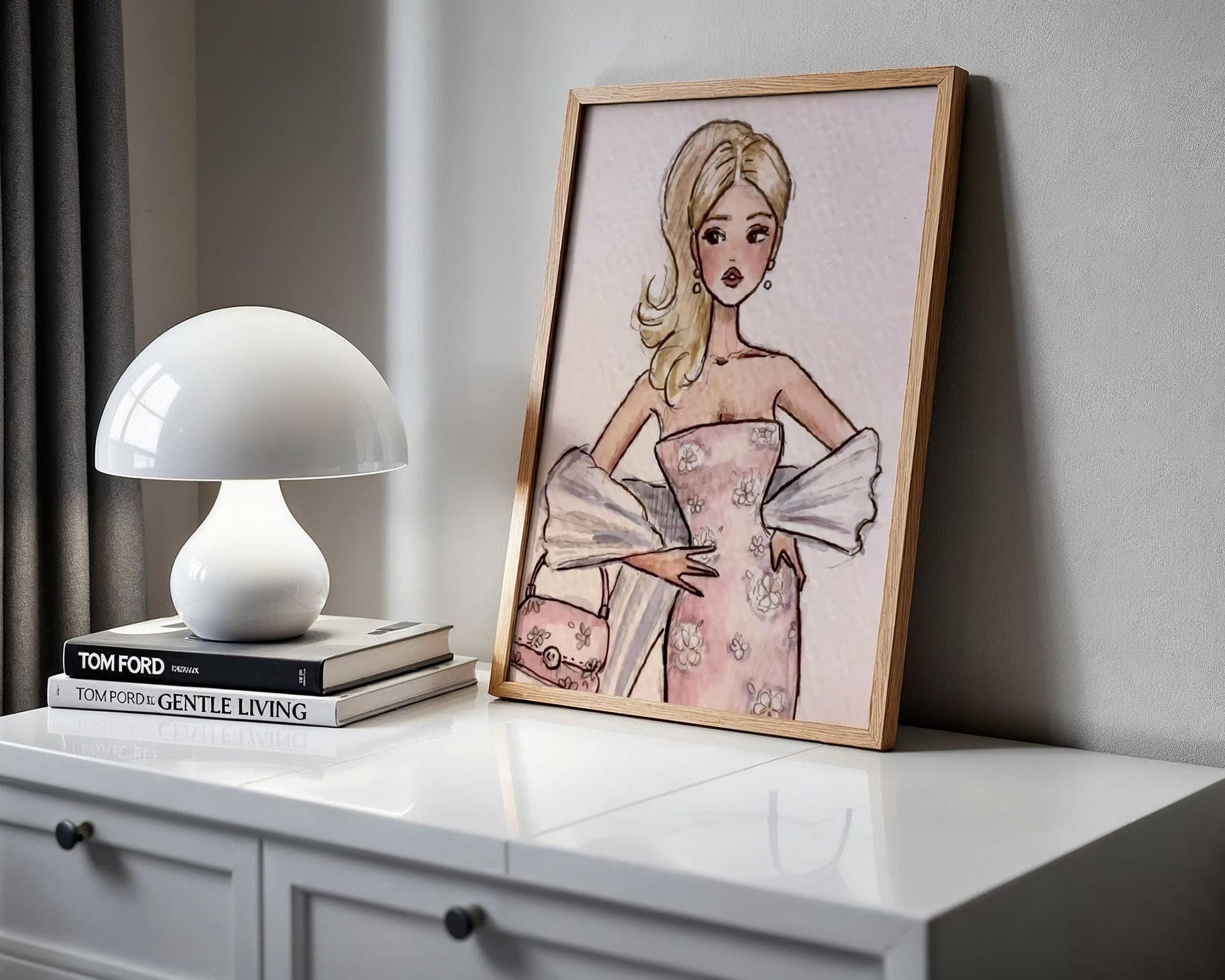 Designer Wall Art | Blonde Fashion Girl Print | Retro Pink Dress wall art print, minimalist black and white poster, modern Scandinavian wall decor, Monohaus