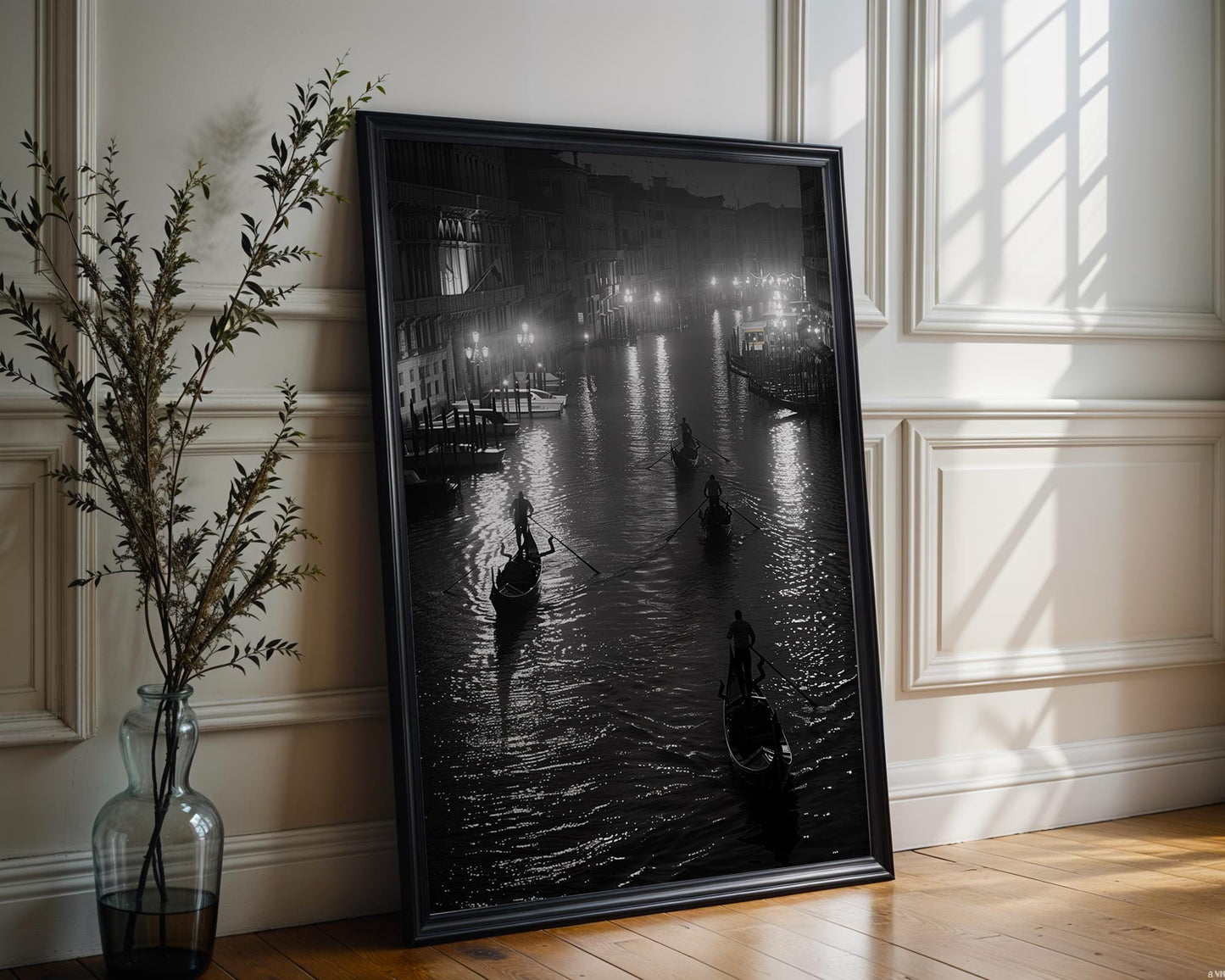 World Landmark | Venice Gondolas Night Print | Grand Canal Black and White Photography wall art print, minimalist black and white poster, modern Scandinavian wall decor, Monohaus