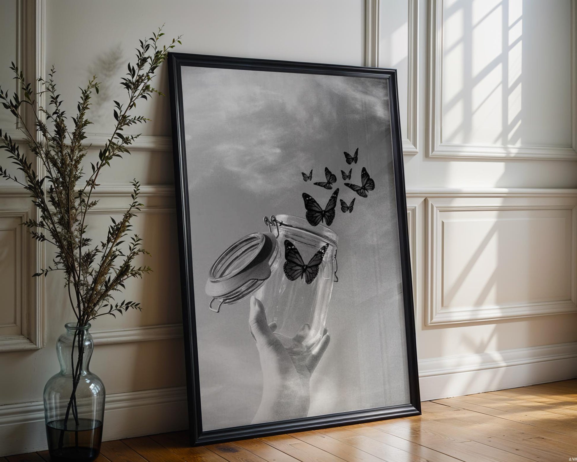 Designer Wall Art | Butterfly Jar Print | Minimalist Black & White Nature Photo wall art print, minimalist black and white poster, modern Scandinavian wall decor, Monohaus