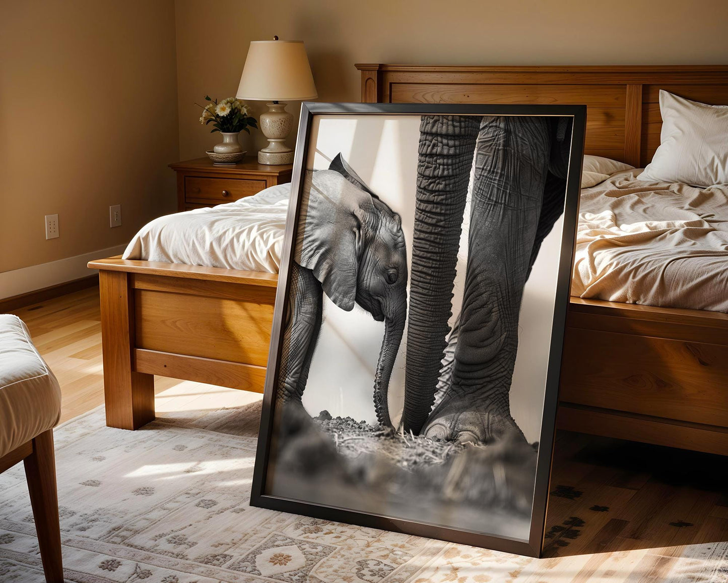 Wildlife Poster | Elephant Calf & Mother Print | Black and White Safari Photography wall art print, minimalist black and white poster, modern Scandinavian wall decor, Monohaus