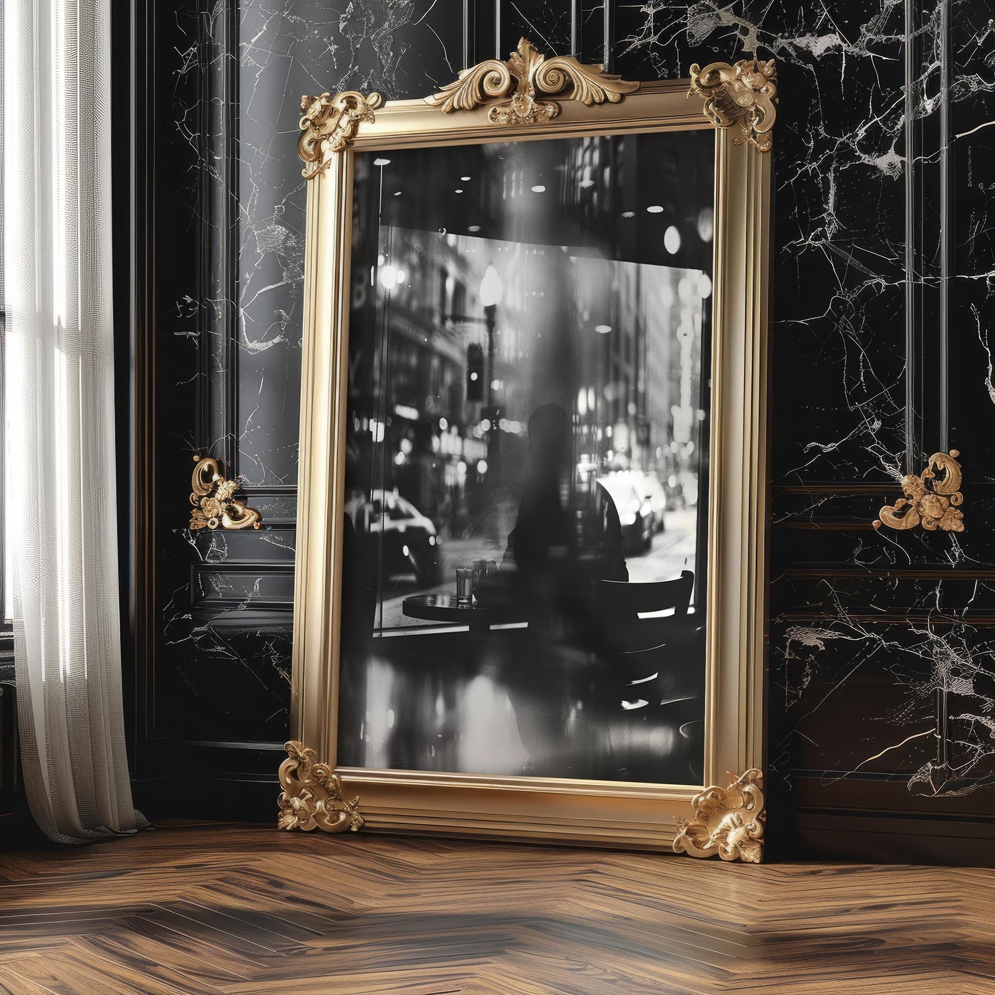 Urban Photography | Cafe Window Black and White Photography Print | Cosy Living Room Decor black and white photo print, minimalist monochrome wall art poster for modern interiors, Monohaus