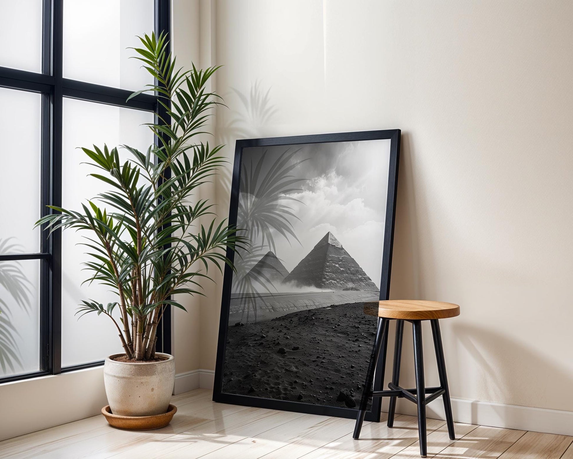 World Landmark | Egyptian Pyramids Print | Black and White Minimalist Photography wall art print, minimalist black and white poster, modern Scandinavian wall decor, Monohaus