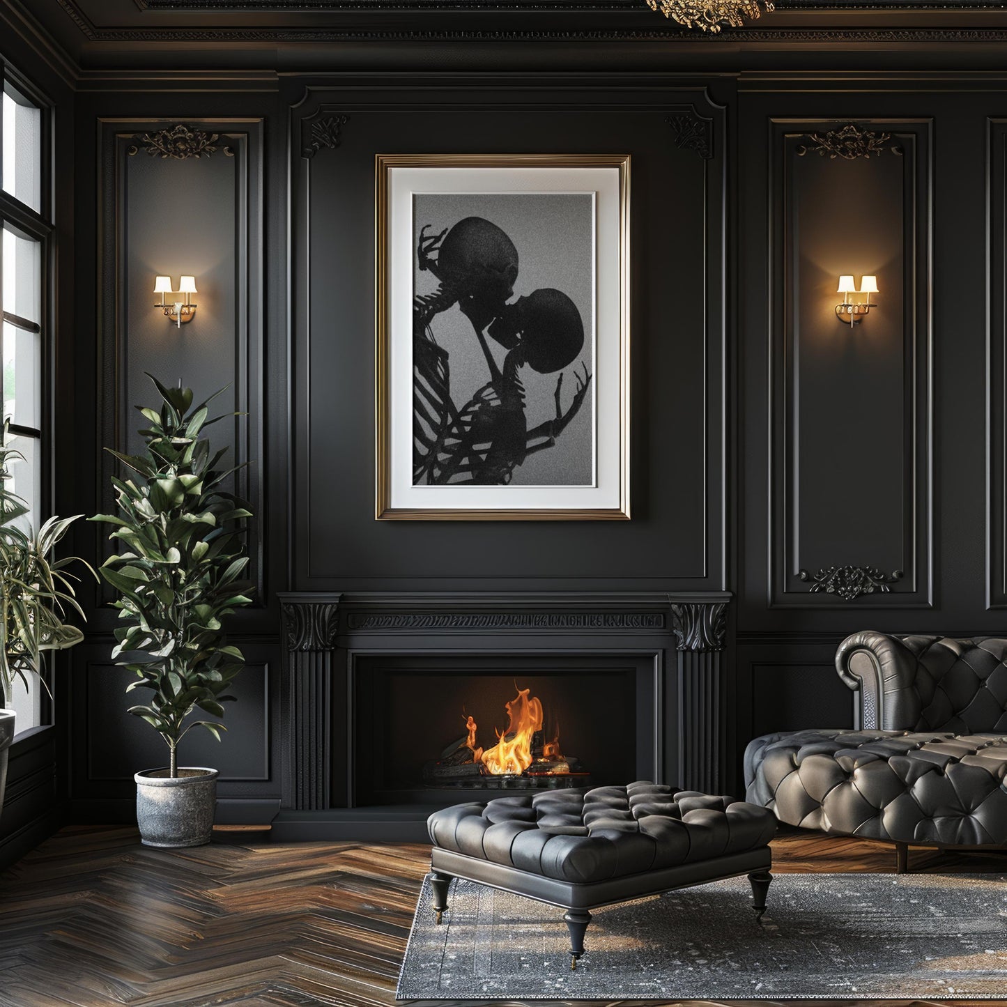 Designer Wall Art | Skeleton Kissing Print | Gothic Romance, Dark Valentine Art wall art print, minimalist black and white poster, modern Scandinavian wall decor, Monohaus