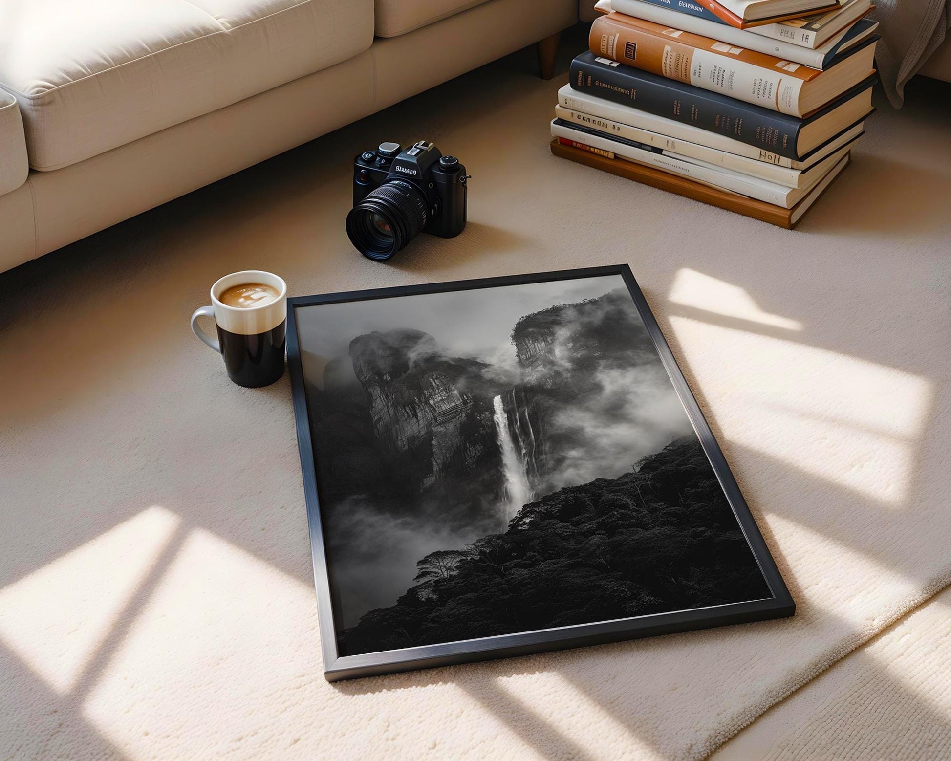 World Landmark | Andes Waterfall Photography Print | Black and White Minimalist Wall Art wall art print, minimalist black and white poster, modern Scandinavian wall decor, Monohaus