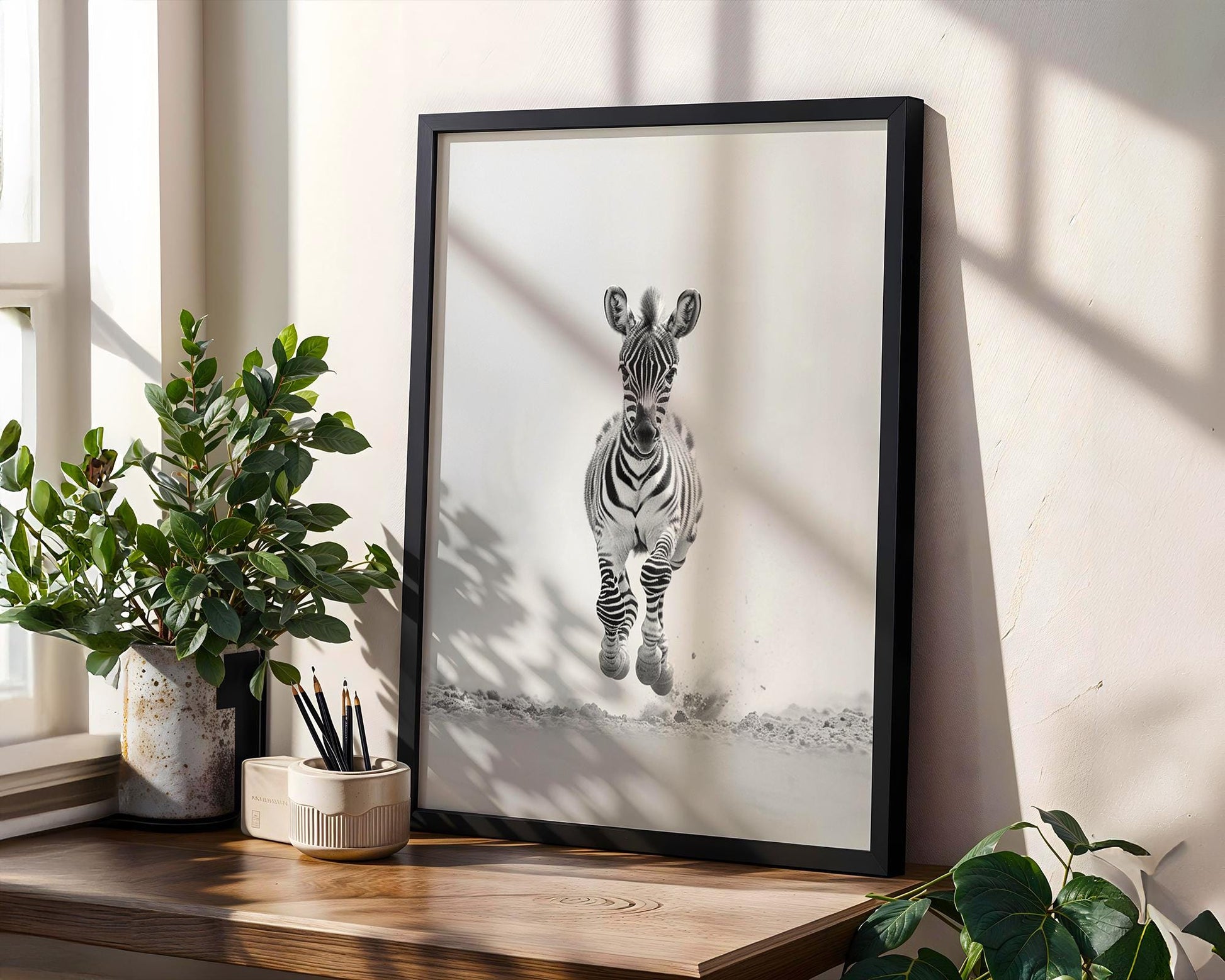 Wildlife Poster | Running Zebra Foal Print • Black & White Minimalist Safari Photography wall art print, minimalist black and white poster, modern Scandinavian wall decor, Monohaus
