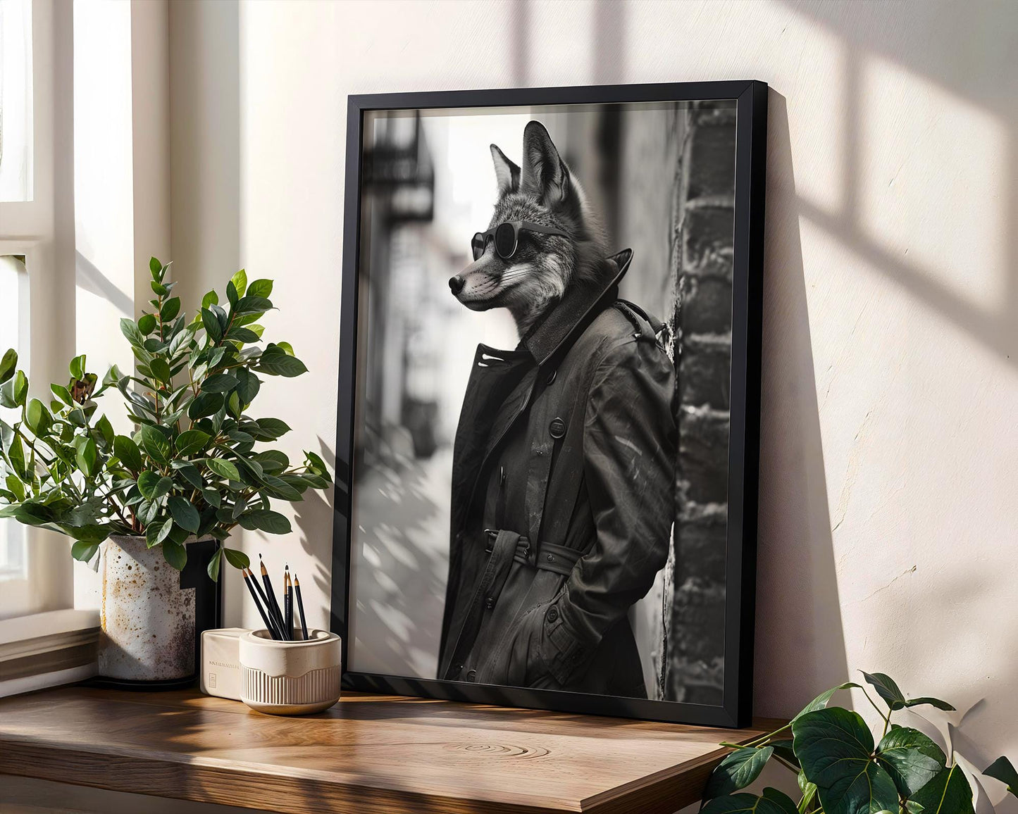 Dog Photography Fox in Trench Coat Print | Urban Animal Portrait, Modern Poster black and white photo print, minimalist monochrome wall art poster for modern interiors, Monohaus