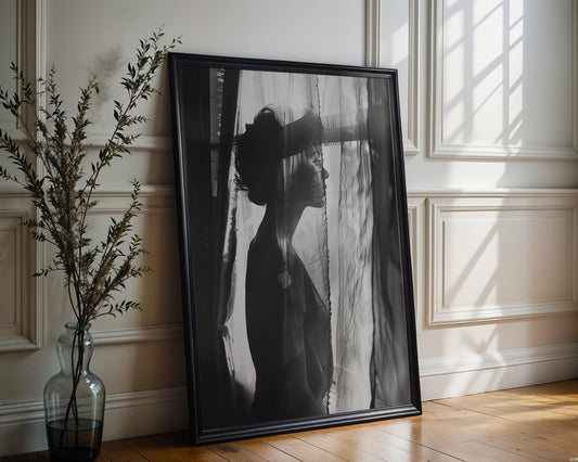 Sheer Curtain Portrait Print | Moody Black and White, Vintage Wall Art wall art print, minimalist black and white poster, modern Scandinavian wall decor, Monohaus