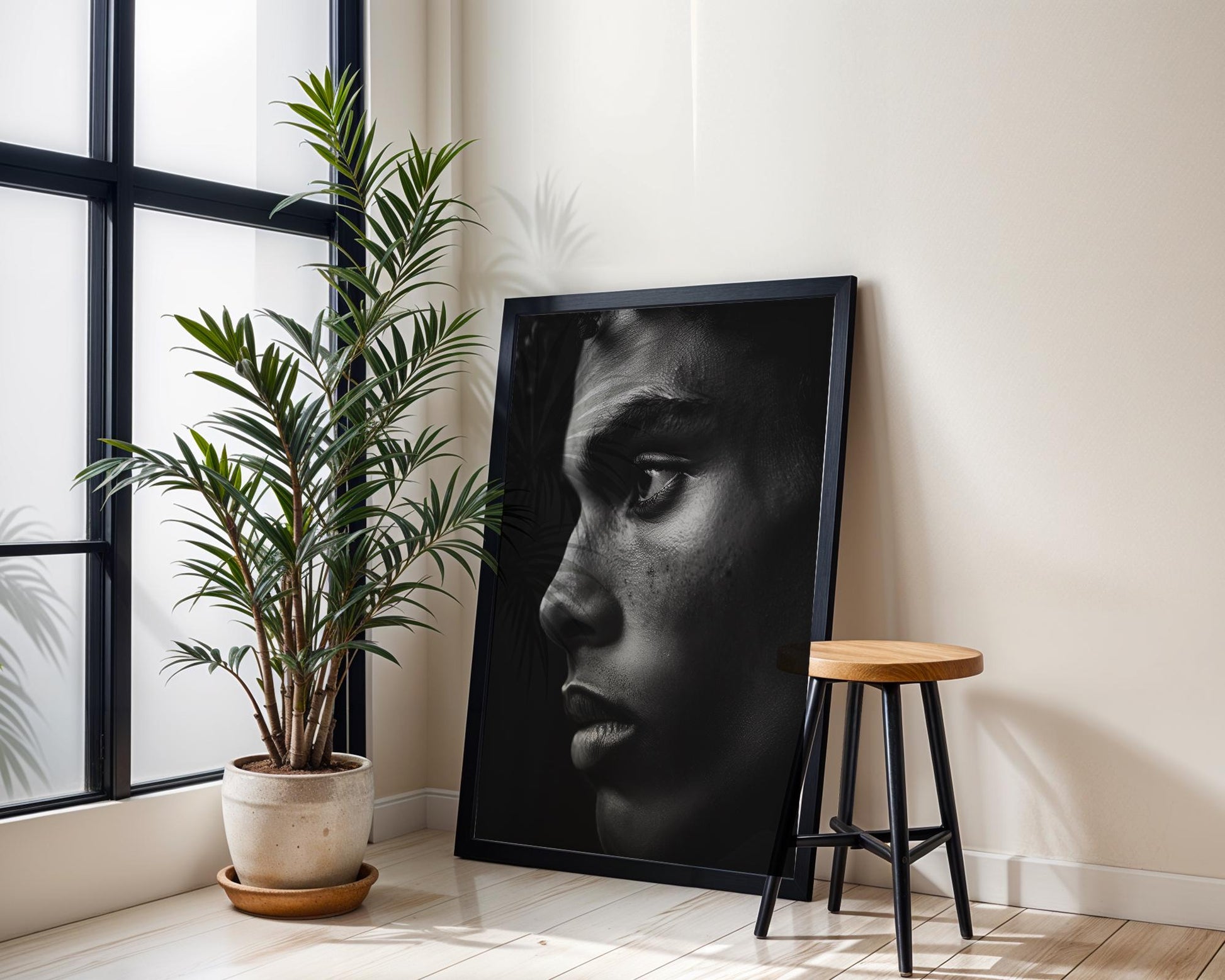 Minimal Wall Art Intense Male Portrait Print | Moody Black and White Close Up wall art print, minimalist black and white poster, modern Scandinavian wall decor, Monohaus