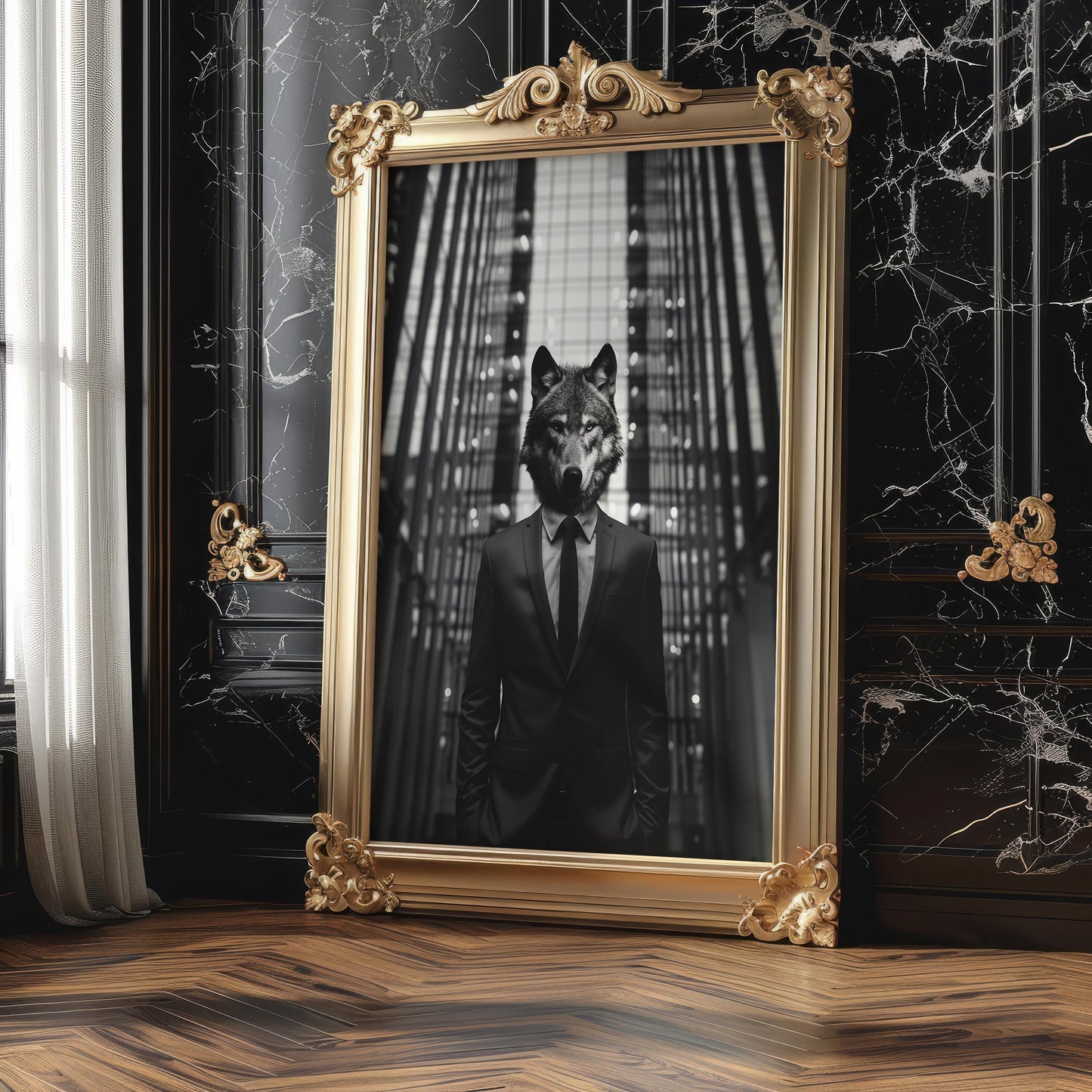 Designer Wall Art | Black and White Surreal Photography | Wolf Head in Suit wall art print, minimalist black and white poster, modern Scandinavian wall decor, Monohaus