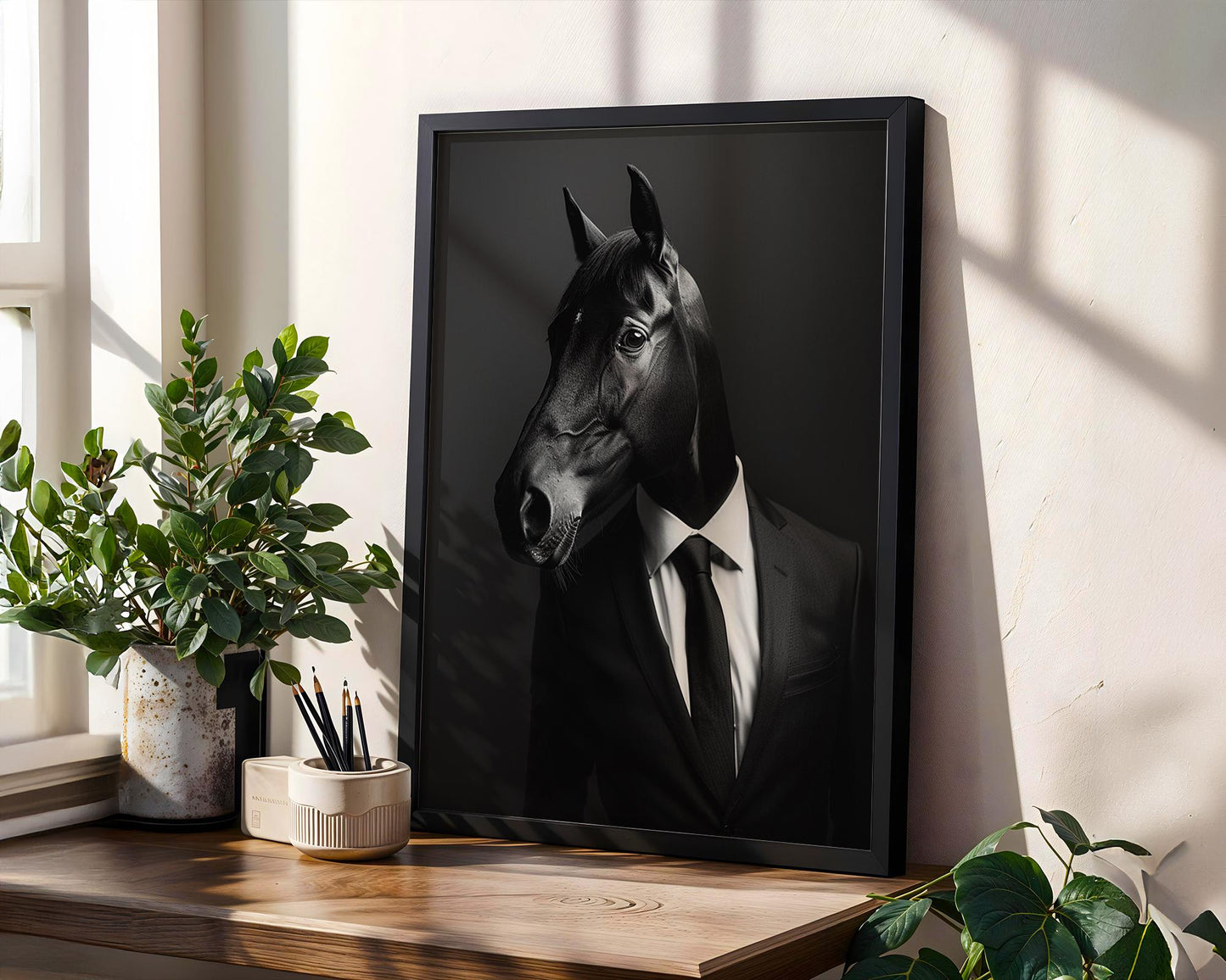 Designer Wall Art | Horse in Tuxedo Print | Equestrian Gentleman Photography wall art print, minimalist black and white poster, modern Scandinavian wall decor, Monohaus