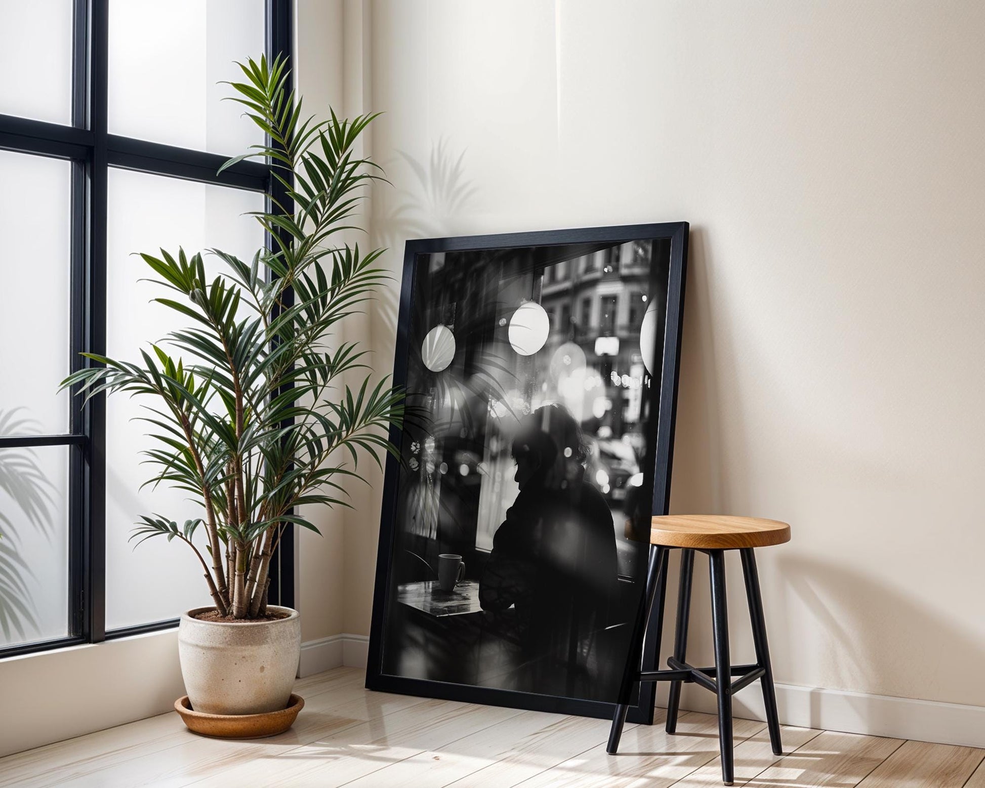 Urban Photography | Cafe Window Print | Moody Black and White Photography, Modern Minimalist Art black and white photo print, minimalist monochrome wall art poster for modern interiors, Monohaus