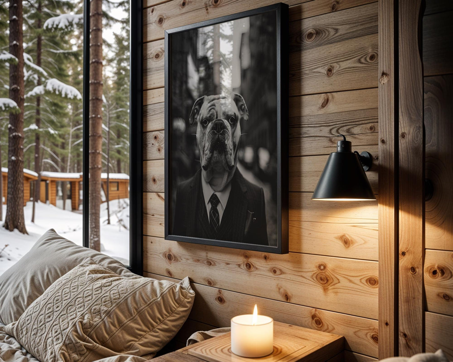 Dog Photography Bulldog Pinstripe Suit Print | Black and White Canine Portrait wall art print, minimalist black and white poster, modern Scandinavian wall decor, Monohaus