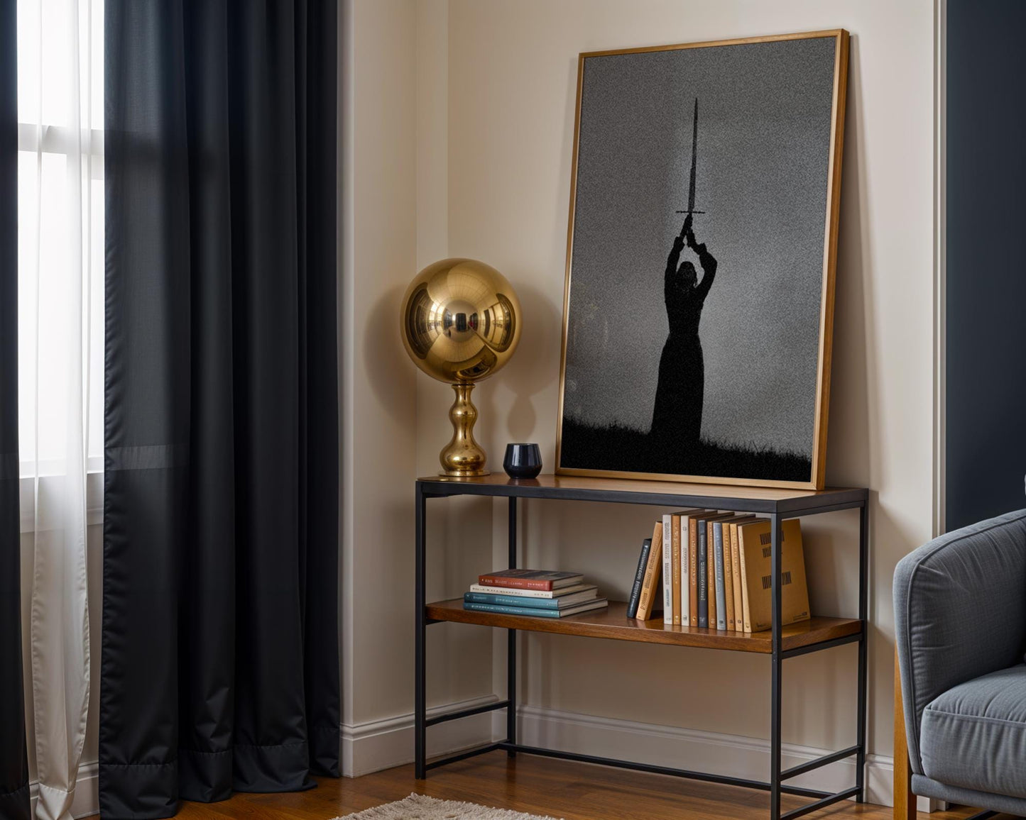 Designer Wall Art | Sword Silhouette Print | Dark Gothic Warrior Art, Fantasy Decor wall art print, minimalist black and white poster, modern Scandinavian wall decor, Monohaus