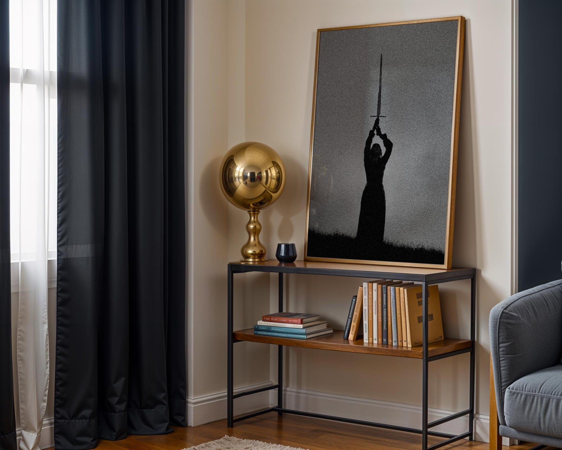 Designer Wall Art | Sword Silhouette Print | Dark Gothic Warrior Art, Fantasy Decor wall art print, minimalist black and white poster, modern Scandinavian wall decor, Monohaus