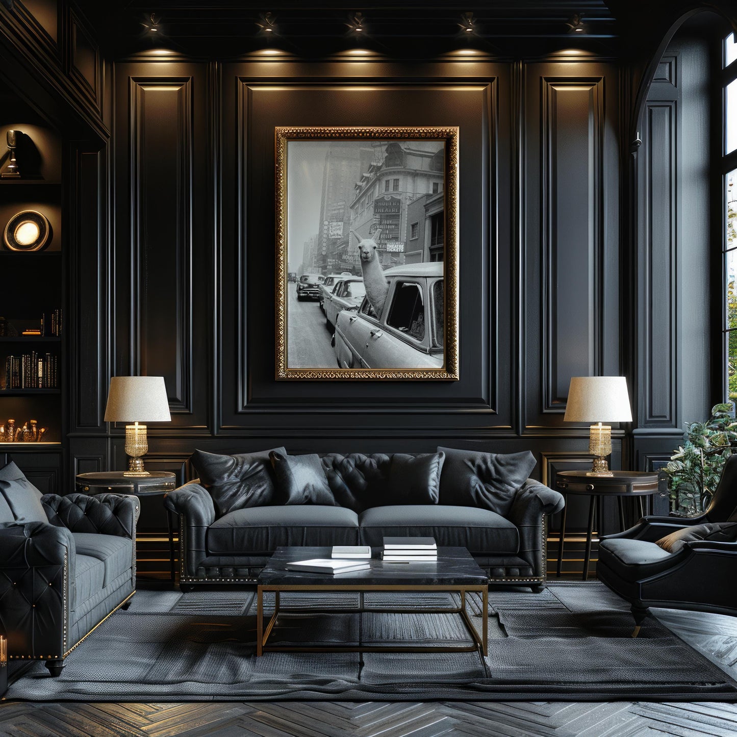 Designer Wall Art | Funny Llama in Car Print | Black and White City Photography wall art print, black and white architectural poster, minimalist modern Scandinavian wall decor, Monohaus