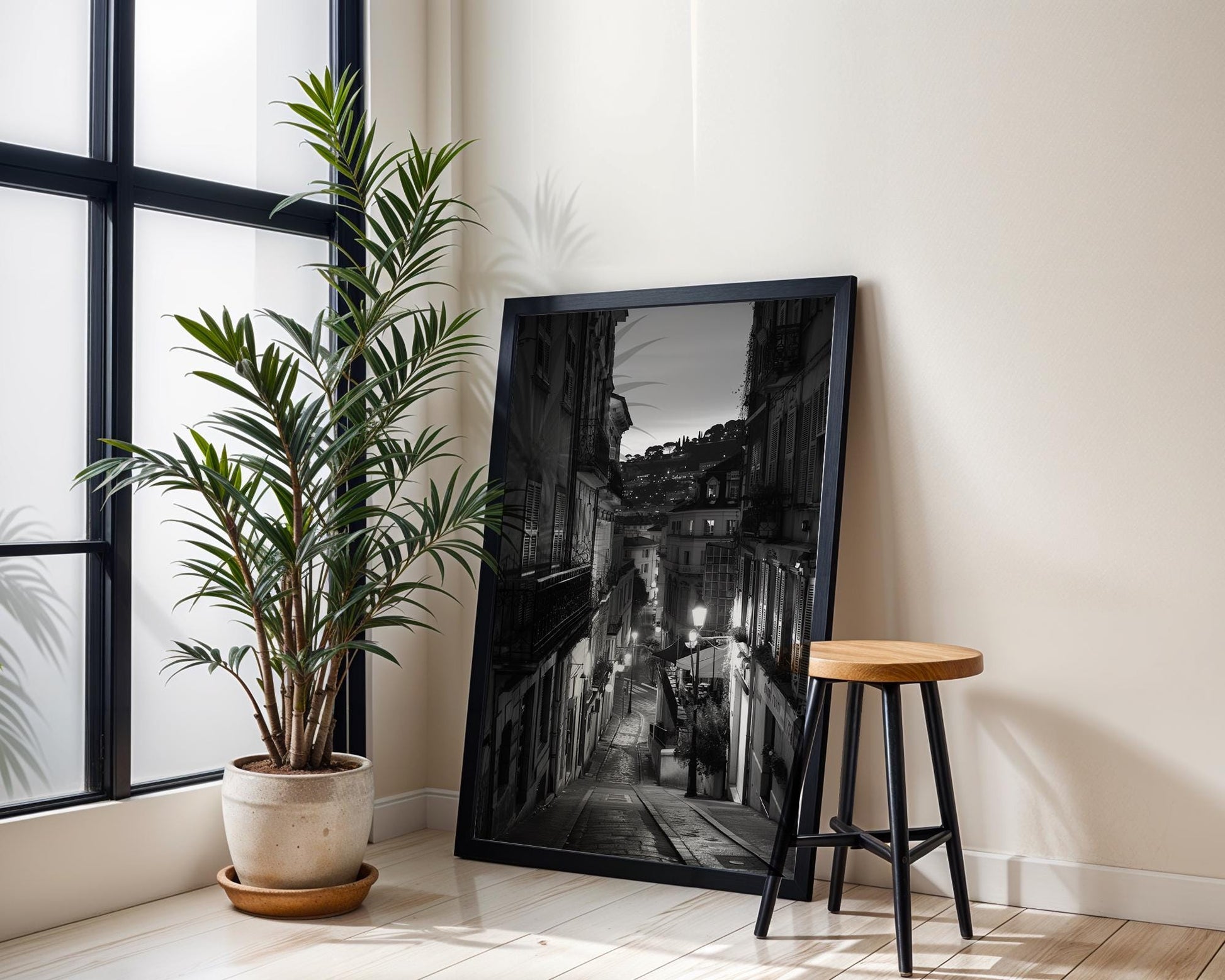 World Landmark | French Riviera Print | Old Town Street Black and White Photography black and white photo print, minimalist monochrome wall art poster for modern interiors, Monohaus