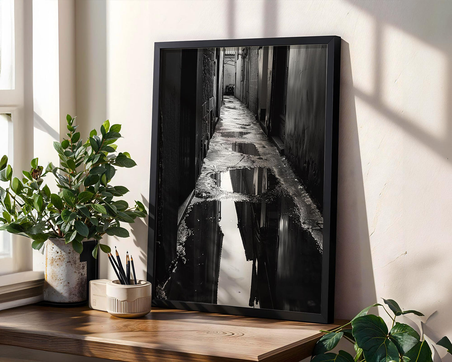 Dark Alley Photography Print | Black and White Urban Reflection black and white photo print, minimalist monochrome wall art poster for modern interiors, Monohaus