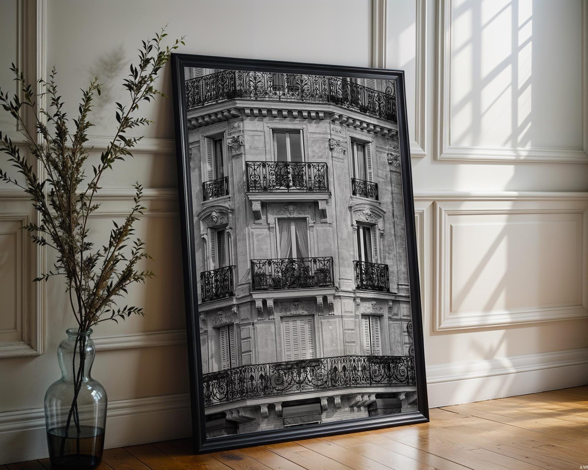 Designer Wall Art | Paris Balcony | Black and White Haussmann Architecture wall art print, black and white architectural poster, minimalist modern Scandinavian wall decor, Monohaus