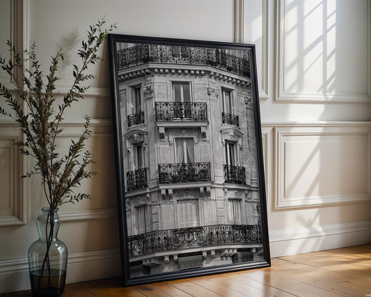 Designer Wall Art | Paris Balcony | Black and White Haussmann Architecture wall art print, black and white architectural poster, minimalist modern Scandinavian wall decor, Monohaus