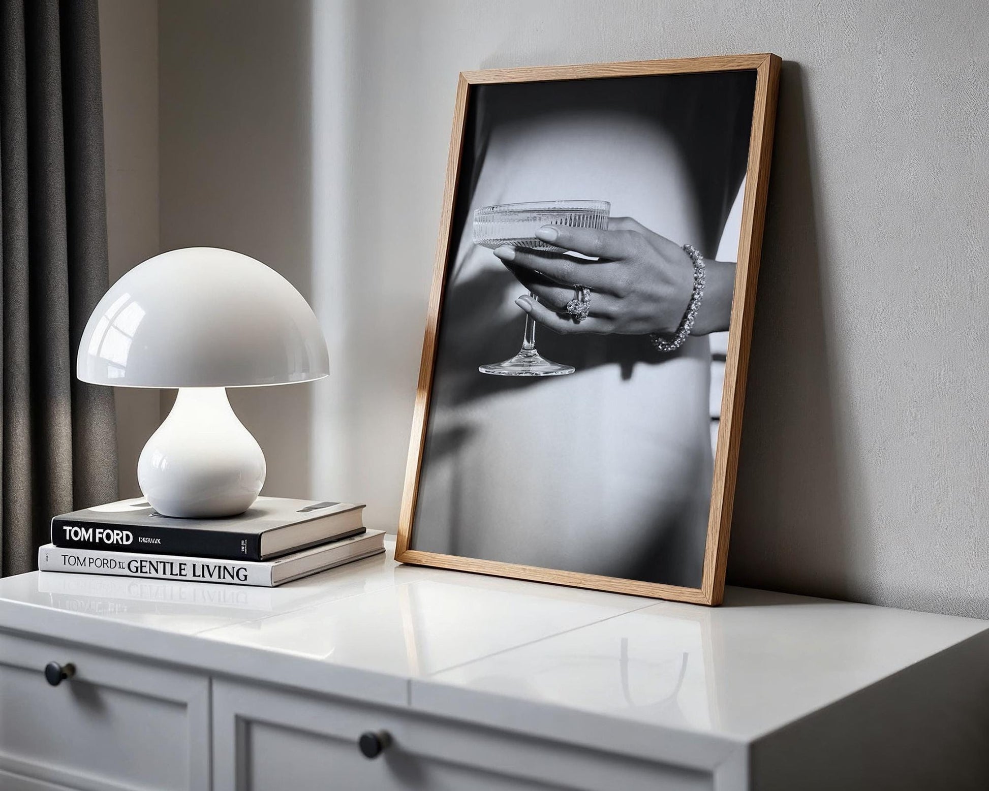 Designer Wall Art | Champagne Coupe Print | Glamour Jewelry, Black and White Photography wall art print, minimalist black and white poster, modern Scandinavian wall decor, Monohaus