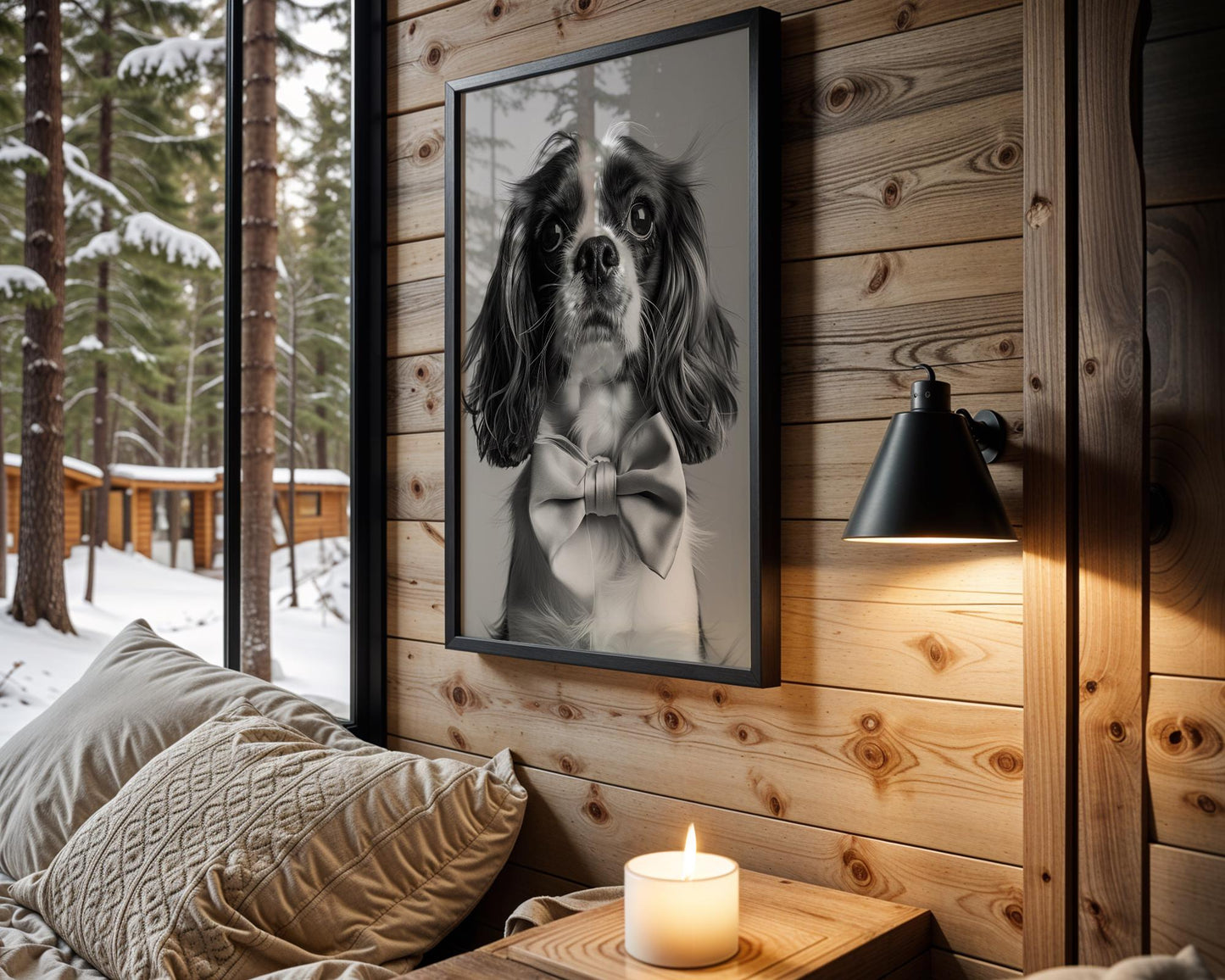 Dog Photography Cavalier Pet Portrait | Black and White Art with Bow Tie wall art print, minimalist black and white poster, modern Scandinavian wall decor, Monohaus